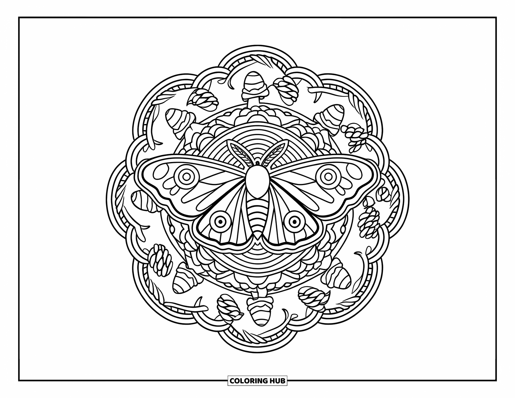 Insects Coloring Page for Adults: Moth with lace-like wings sits at the center of a mandala of pinecones and ivy