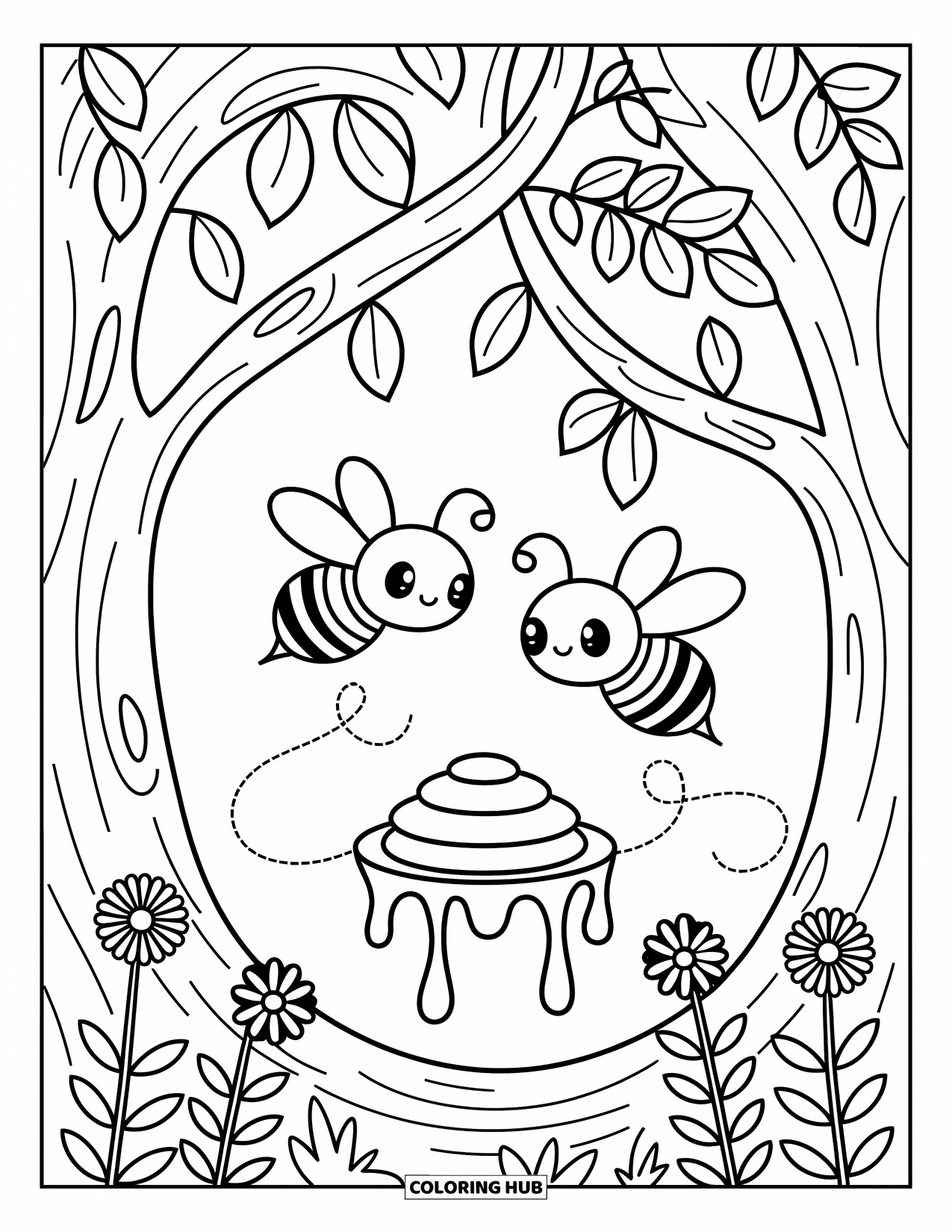 Insects Coloring Page for Adults: Two bees hover near a honeycomb tucked in a tree surrounded by flowers