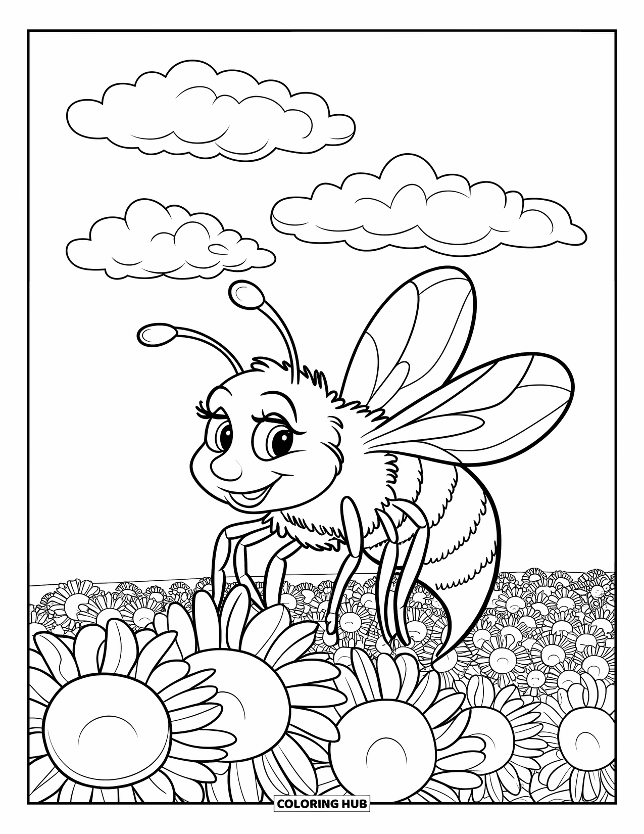 Insects Coloring Page for Kids: A bee buzzes over rows of tall sunflowers beneath a blue sky
