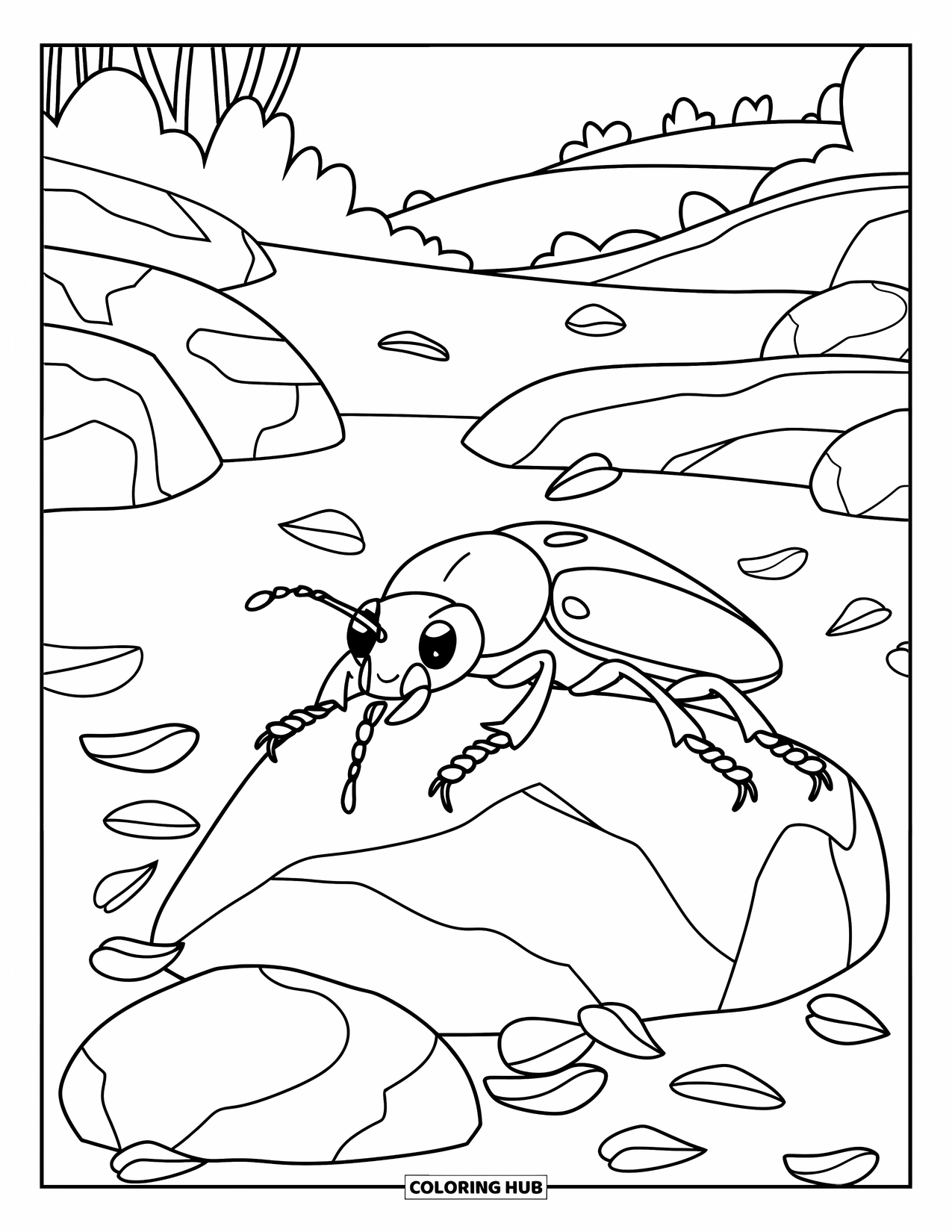 Insects Coloring Page for Kids: A beetle sits on a rock surrounded by petals, trees, and hills