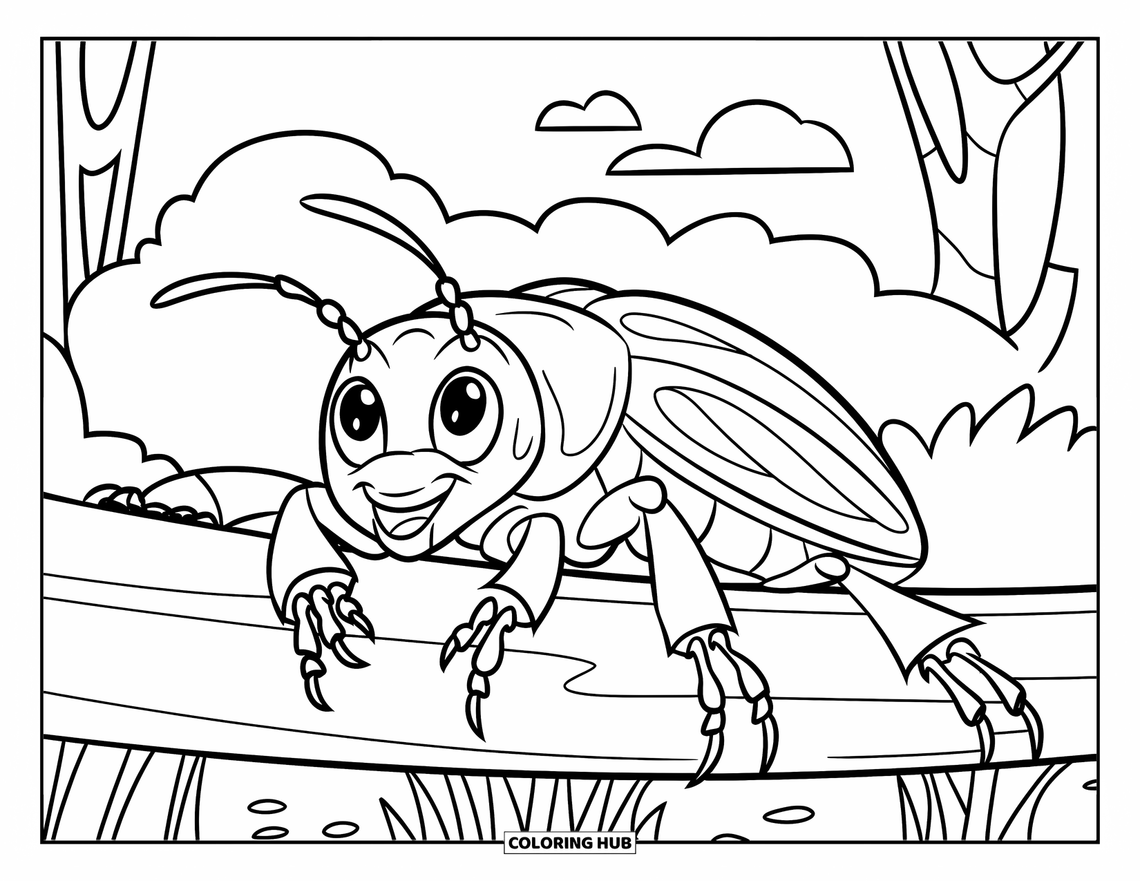 Insects Coloring Page for Kids: A big beetle crawls across a log on grassy ground