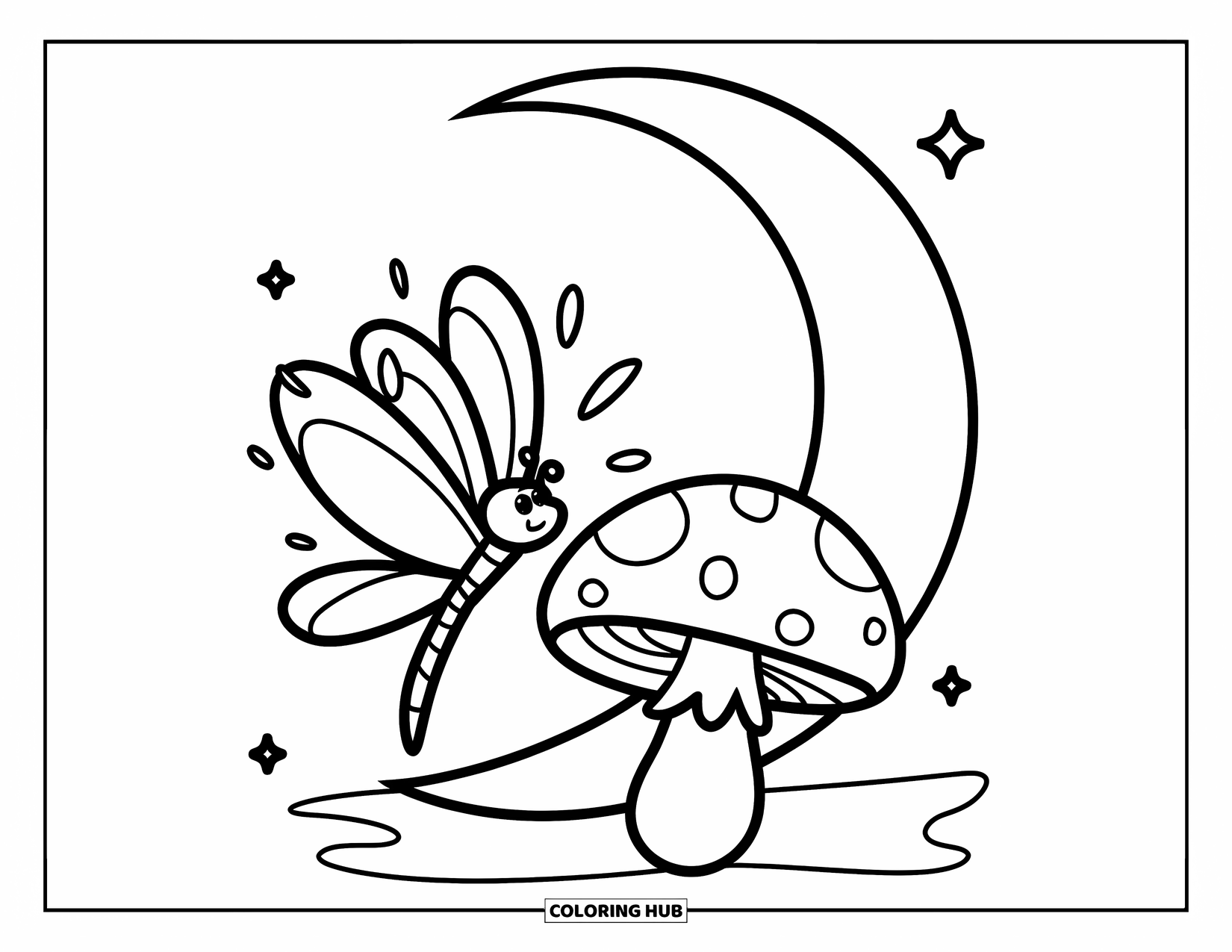 Insects Coloring Page for Kids: A firefly glows beside a mushroom under a crescent moon