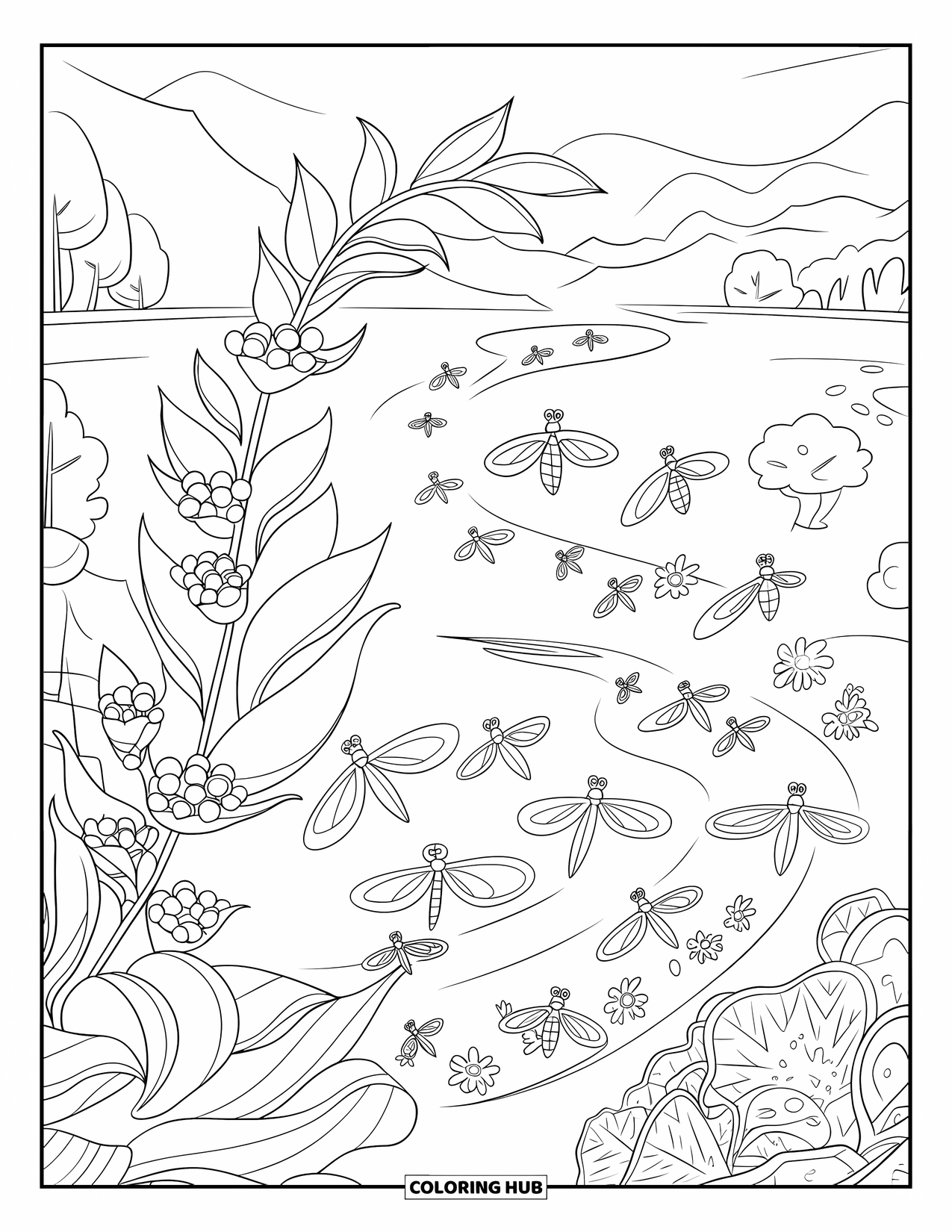 Insects Coloring Page for Kids: A firefly trail glows through garden plants near trees and a mountain view