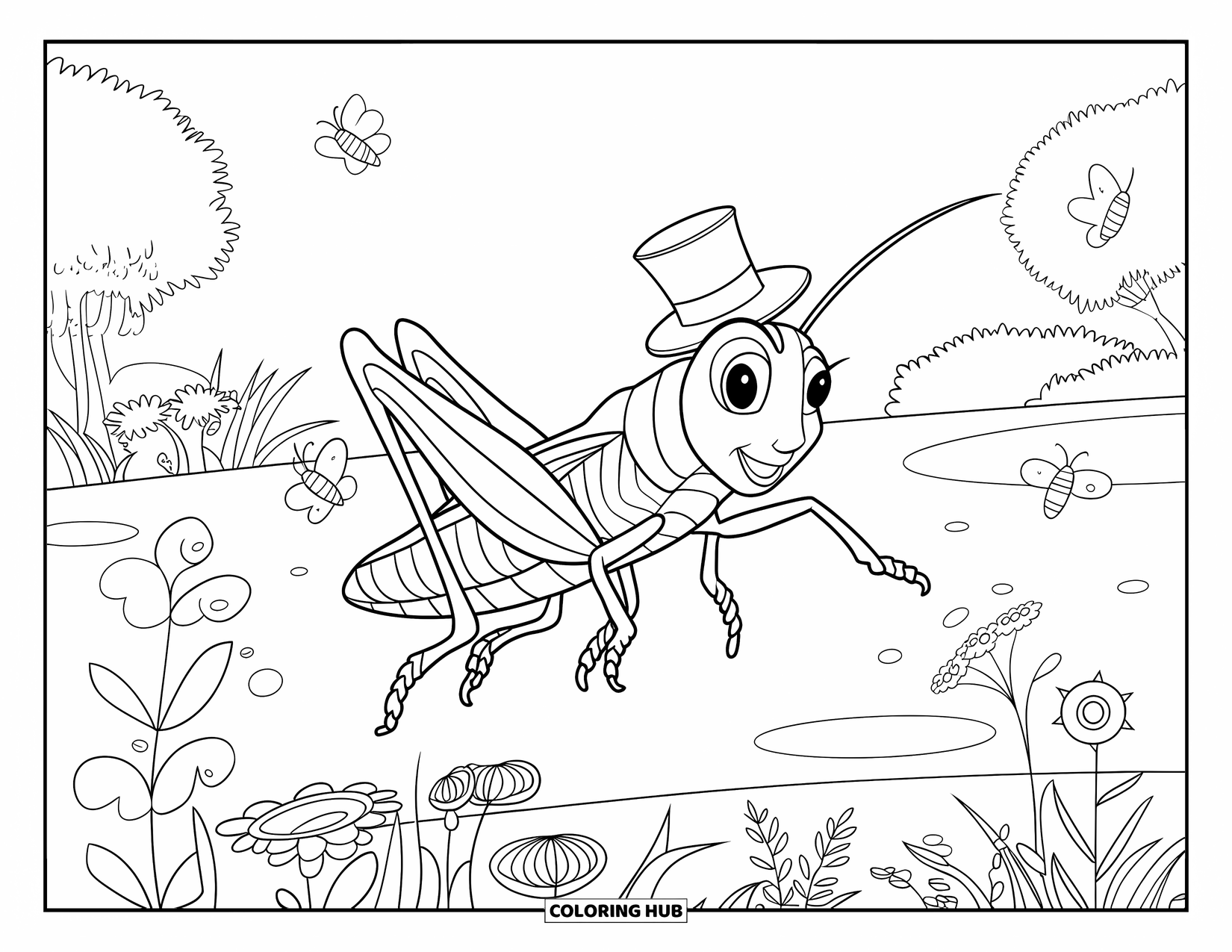 Insects Coloring Page for Kids: A grasshopper in a top hat jumps through a lively garden with butterflies and bees