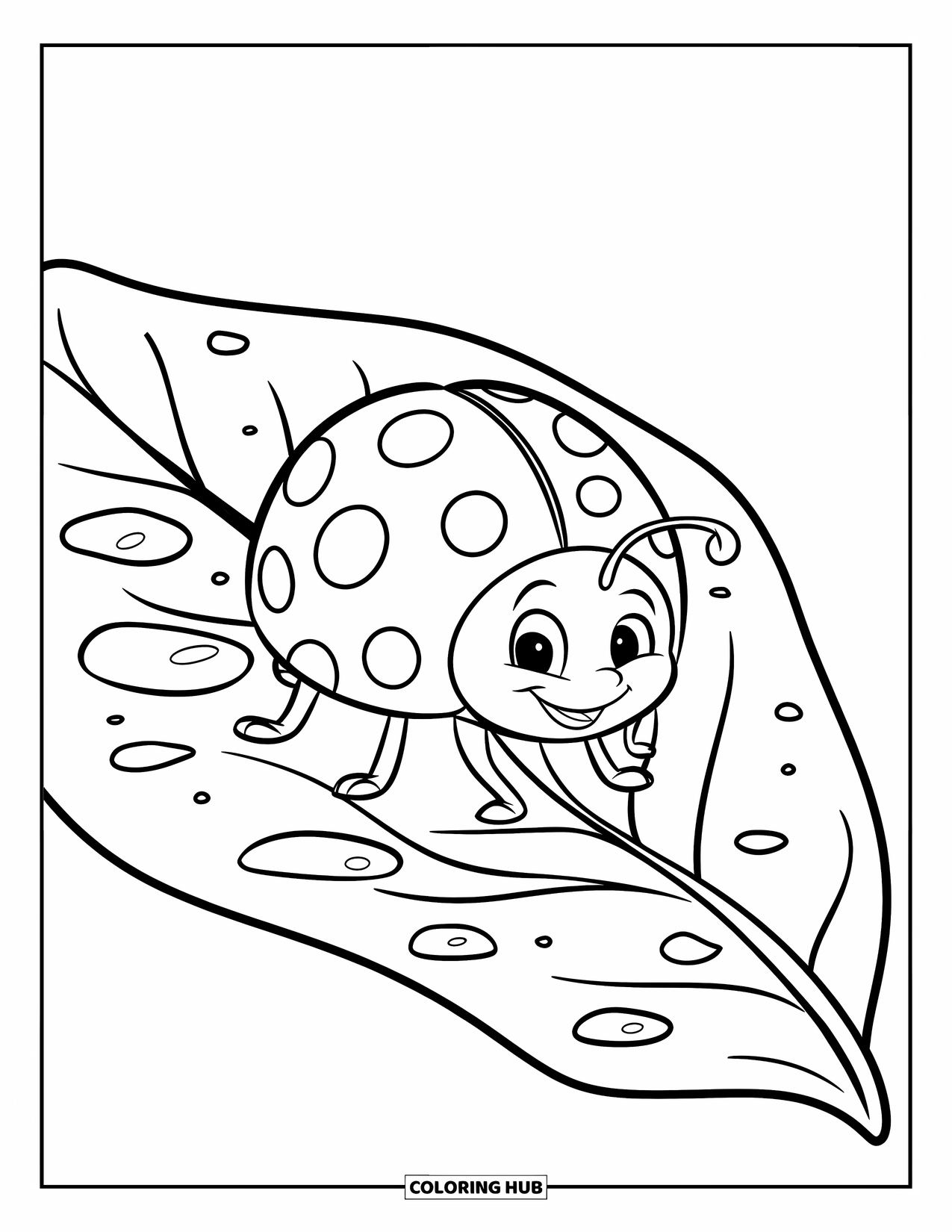 Insects Coloring Page for Kids: A joyful ladybug moves across a bent leaf dotted with sparkling dew