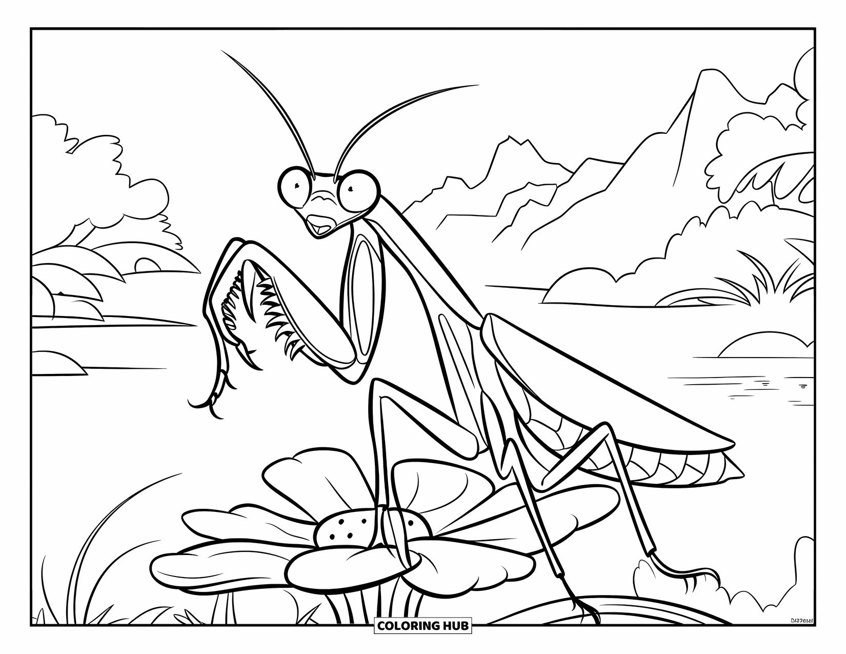 Insects Coloring Page for Kids: A mantis with sharp claws sits on a flower, surrounded by trees and a lake
