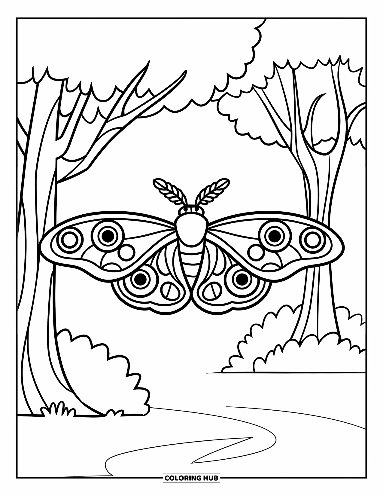 Insects Coloring Page for Kids: A moth soars through an open space with trees and a bush nearby