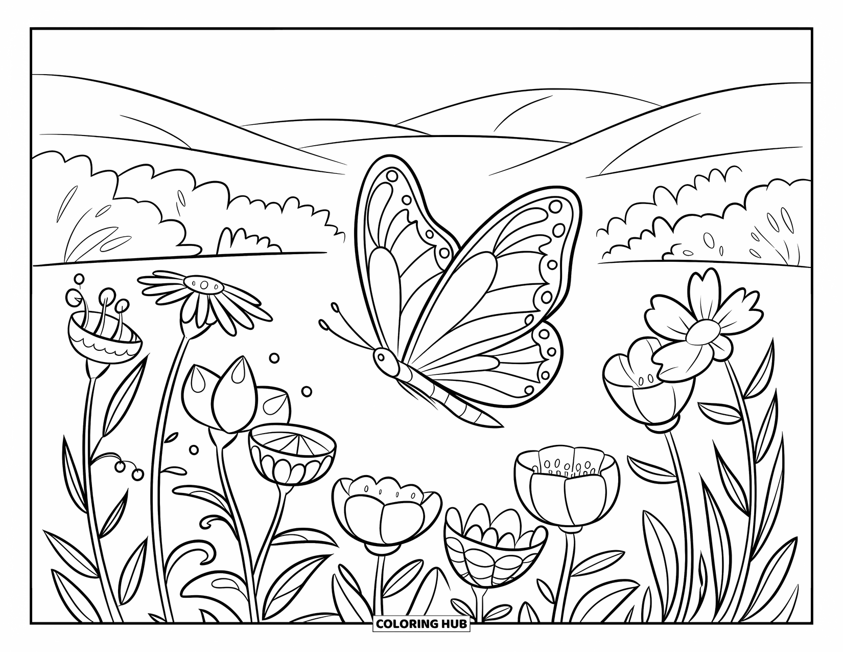 Insects Coloring Page for Kids: A patterned butterfly glides over blooming wildflowers near rolling hills