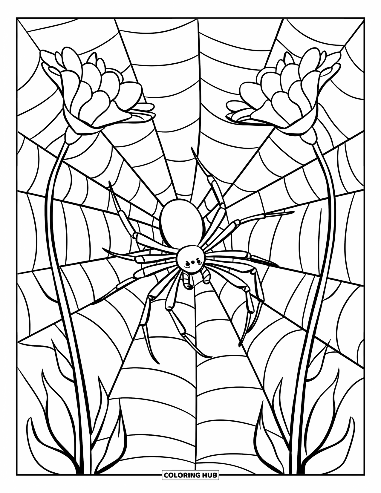 Insects Coloring Page for Kids: A spider sits on its web strung between two slim flower stems