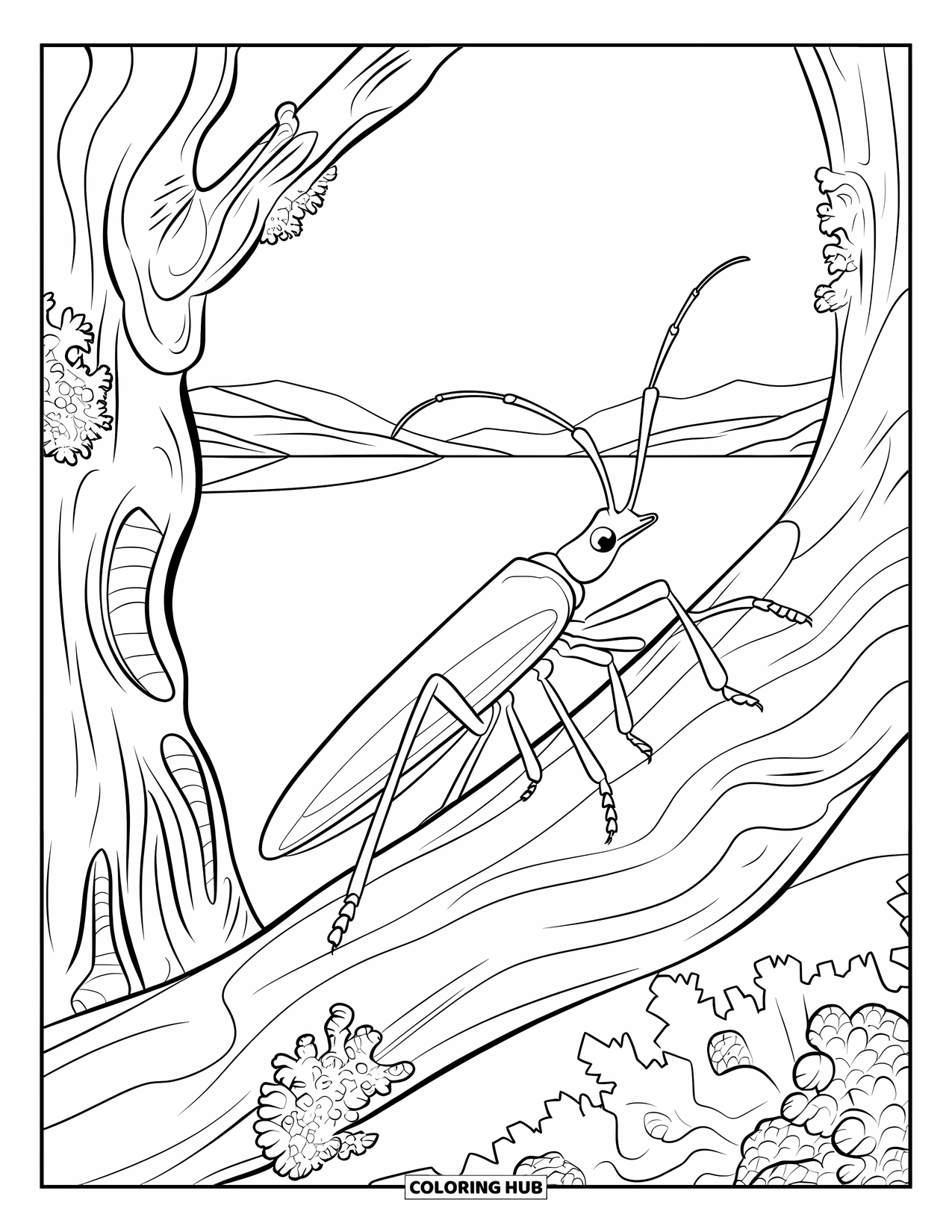 Insects Coloring Page for Kids: A stick bug perches on a branch above distant mountains and a lake