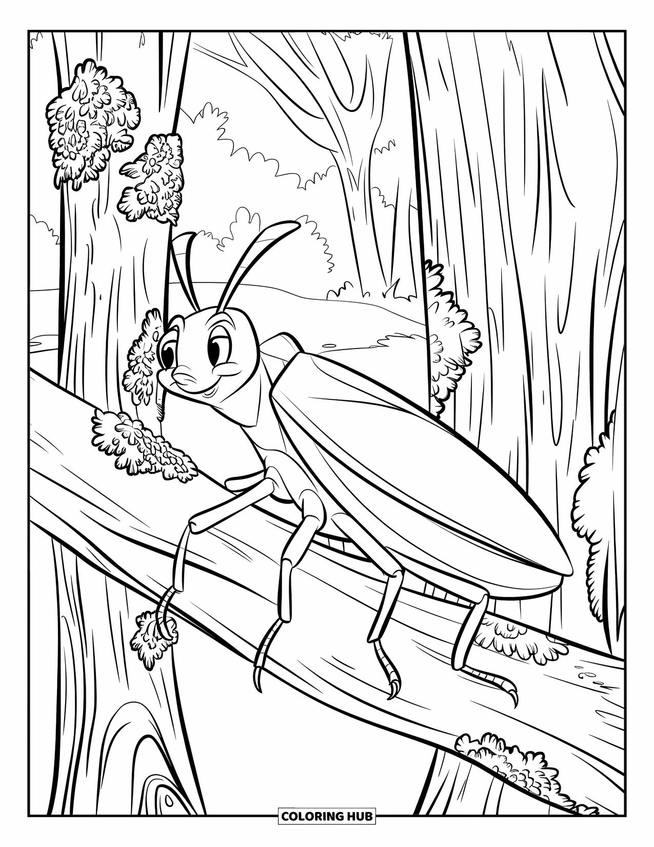 Insects Coloring Page for Kids: A stick bug smiles while resting on textured tree bark and lichen
