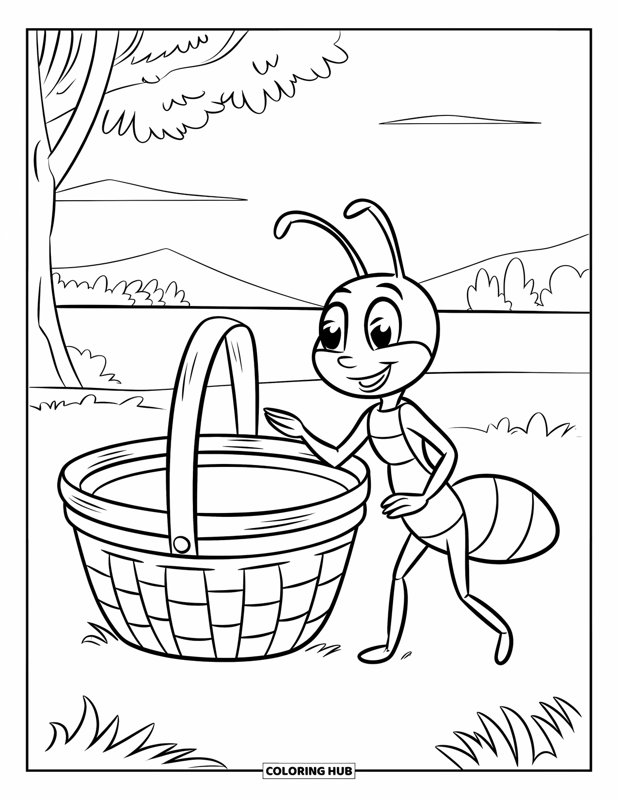 Insects Coloring Page for Kids: Ant strolls past a picnic basket on a grassy hillside