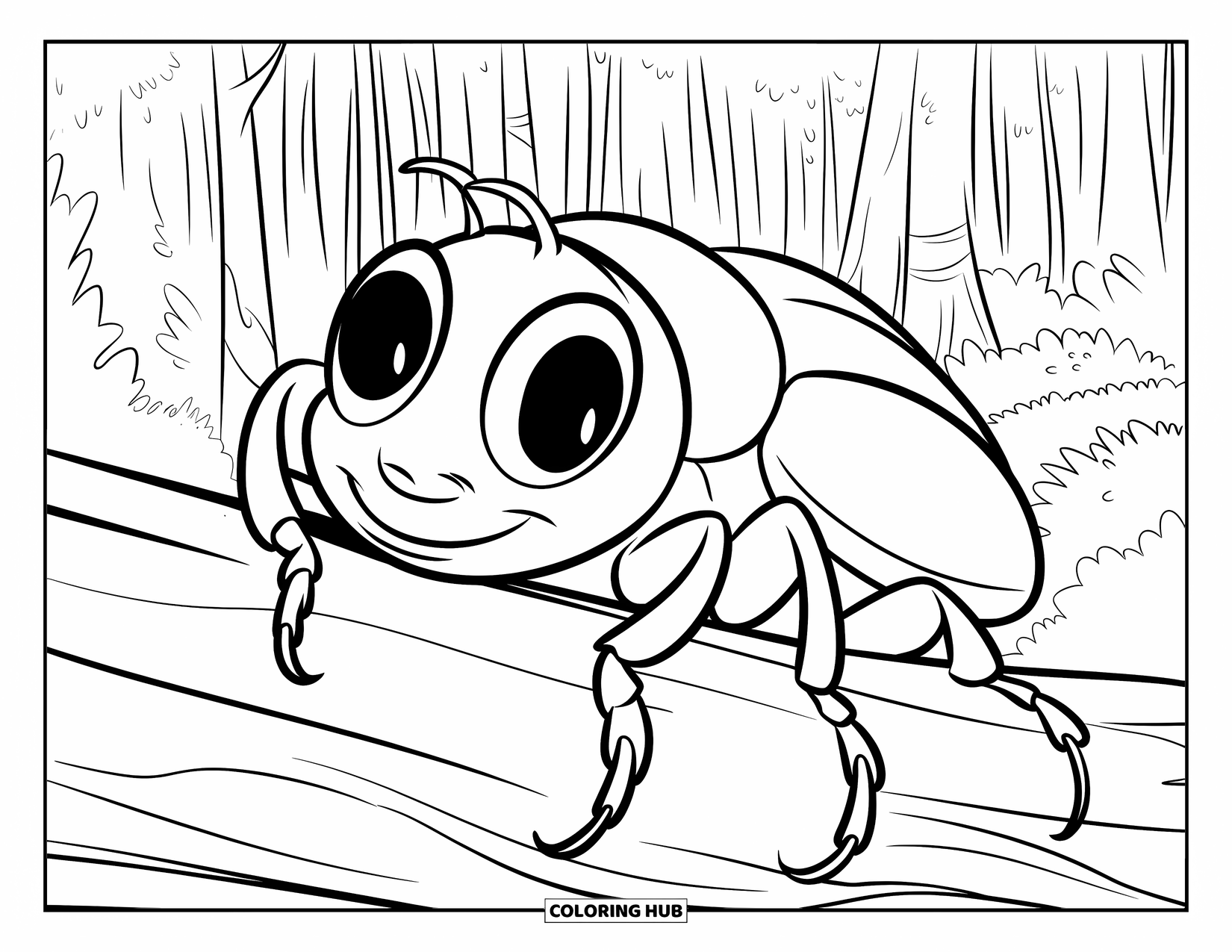 Insects Coloring Page for Kids: Beetle with big eyes crawls on a forest log under tall trees