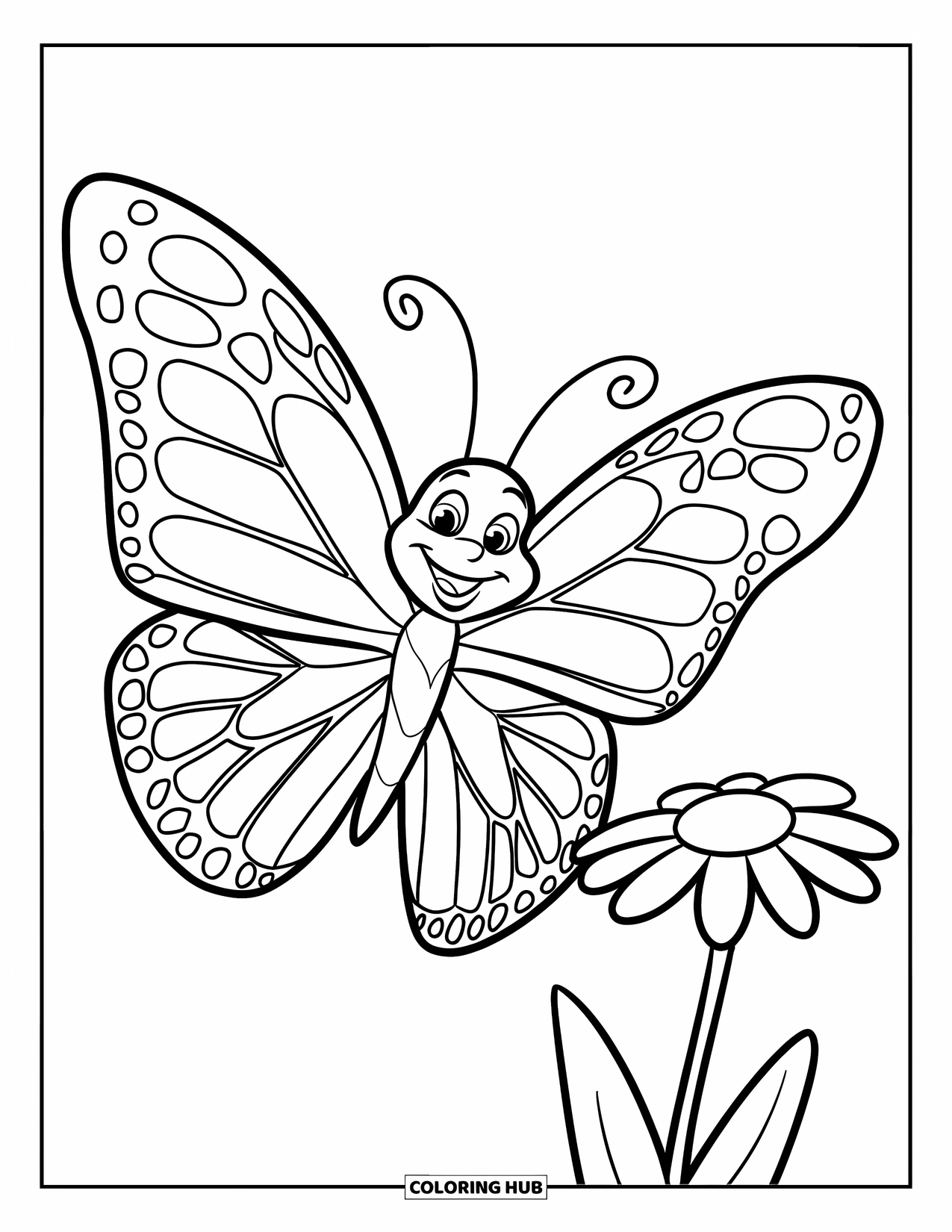 Insects Coloring Page for Kids: Big smiling butterfly flutters beside a daisy with playful, open wings