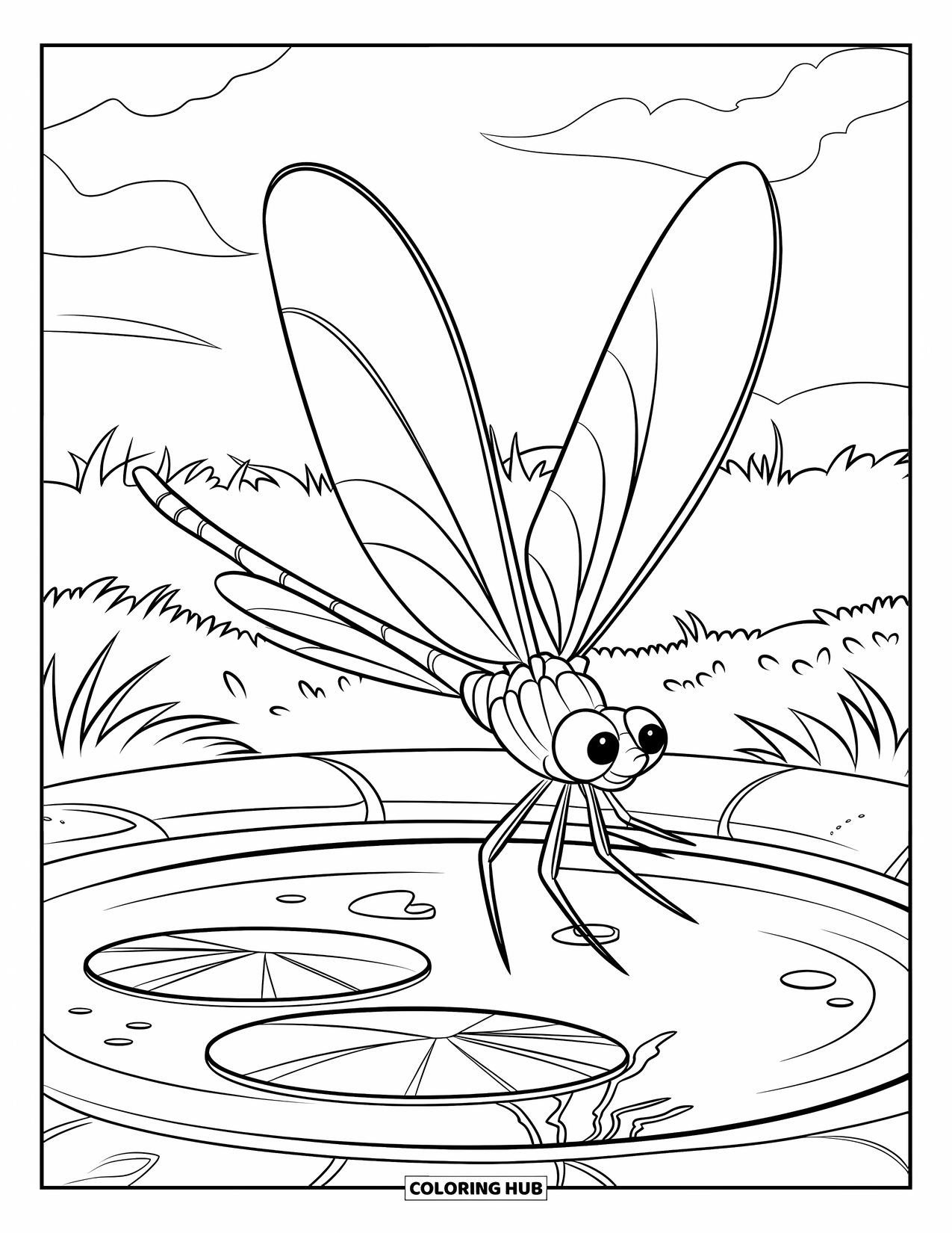 Insects Coloring Page for Kids: Big-winged dragonfly glides over lily pads and clear water
