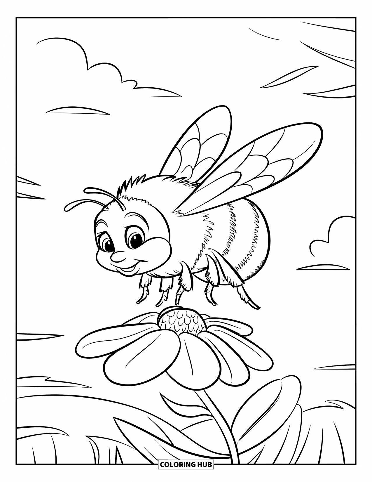 Insects Coloring Page for Kids: Bumblebee hovers cheerfully over a flower under a bright, cloudy sky