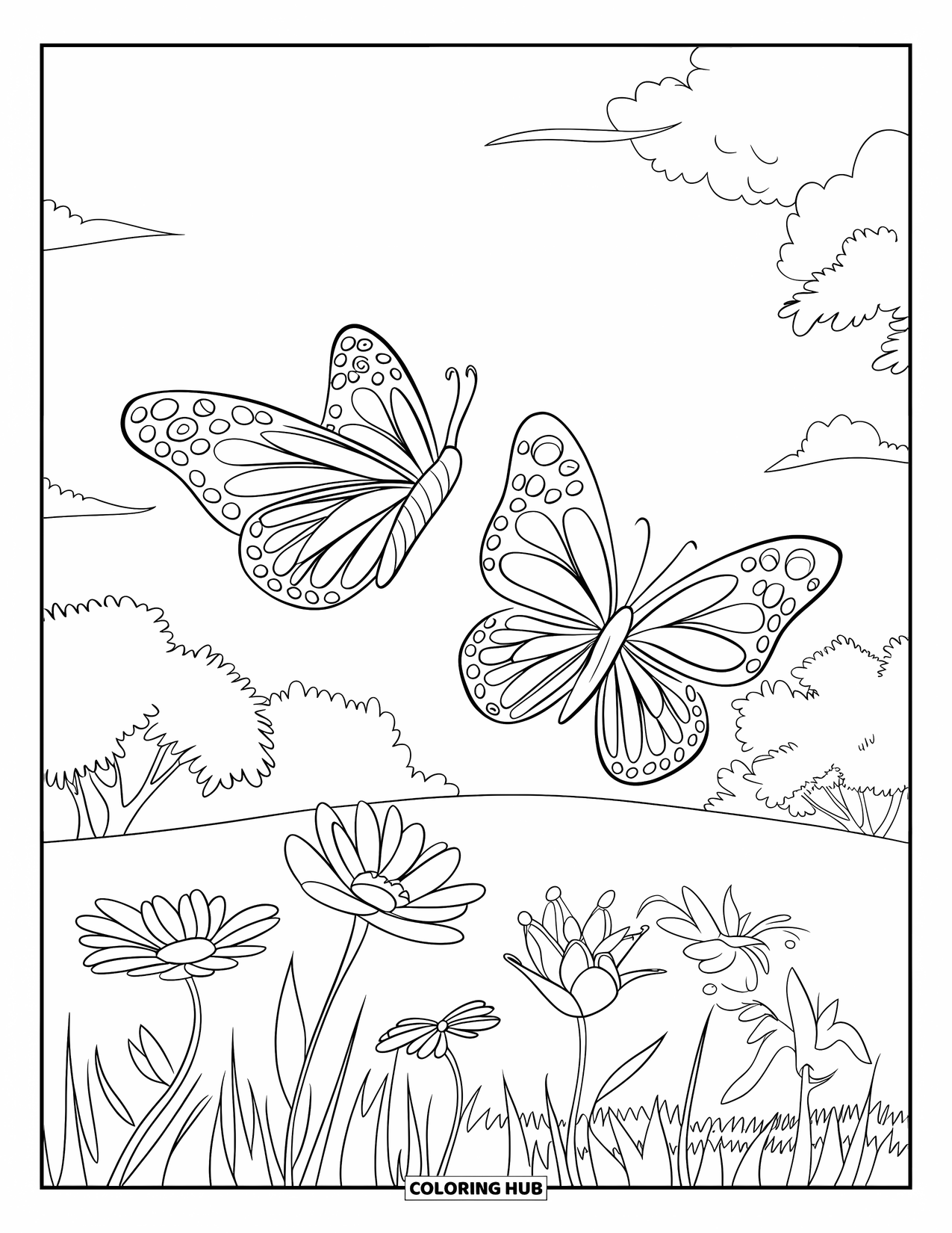 Insects Coloring Page for Kids: Butterflies float above flowers, grass, and trees in a sunny meadow