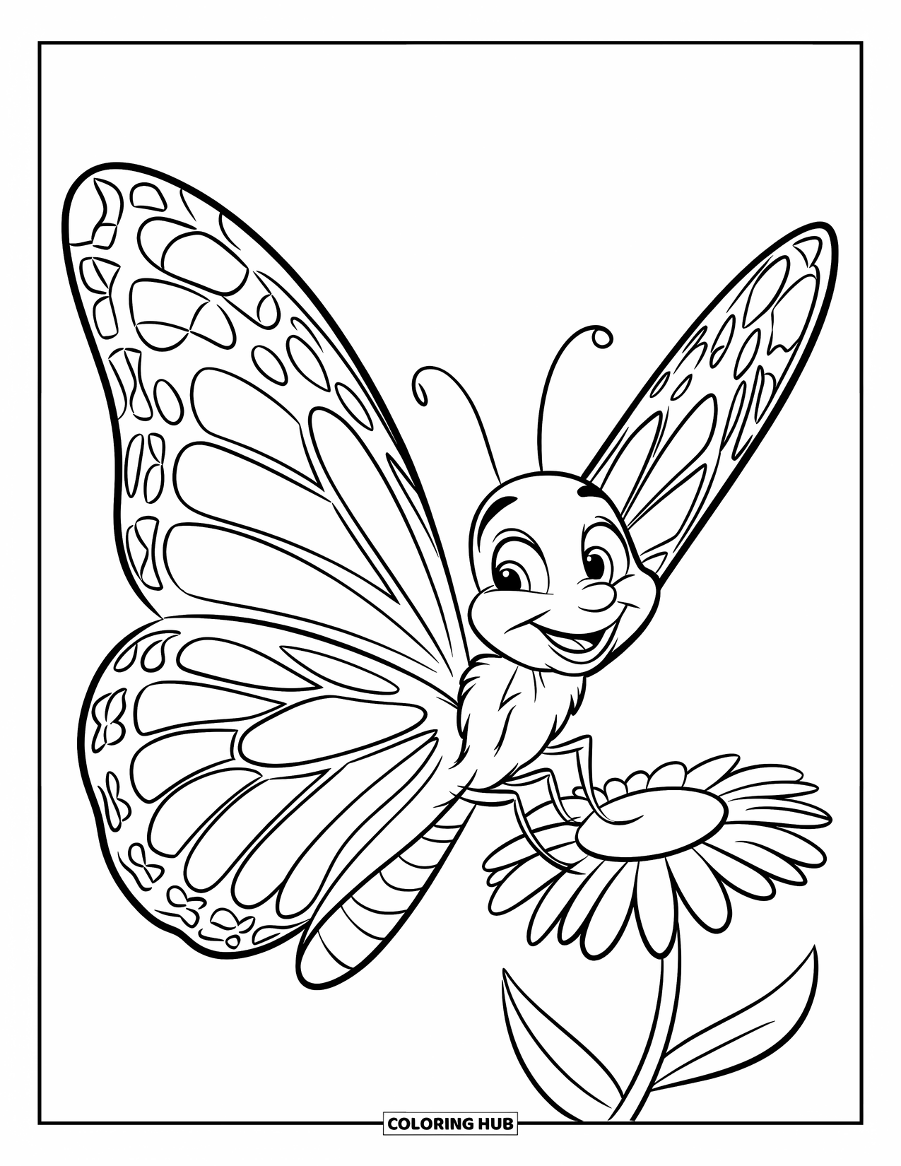 Insects Coloring Page for Kids: Cheerful butterfly with bright wings hovers near a happy daisy
