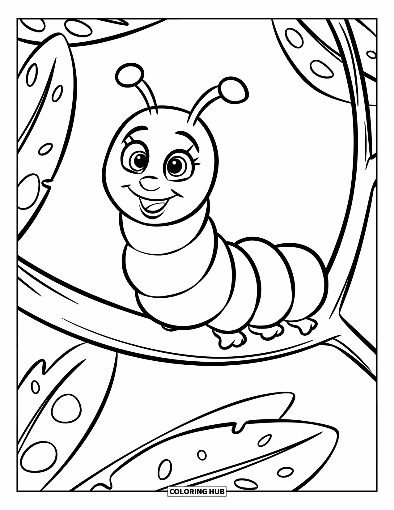 Insects Coloring Page for Kids: Cute caterpillar with expressive eyes sits on a branch with holey leaves