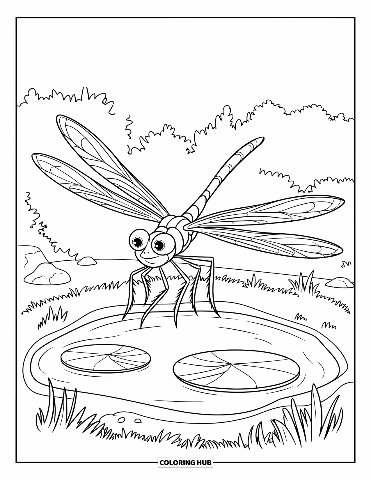 Insects Coloring Page for Kids: Dragonfly floats over lily pads near trees and rocks
