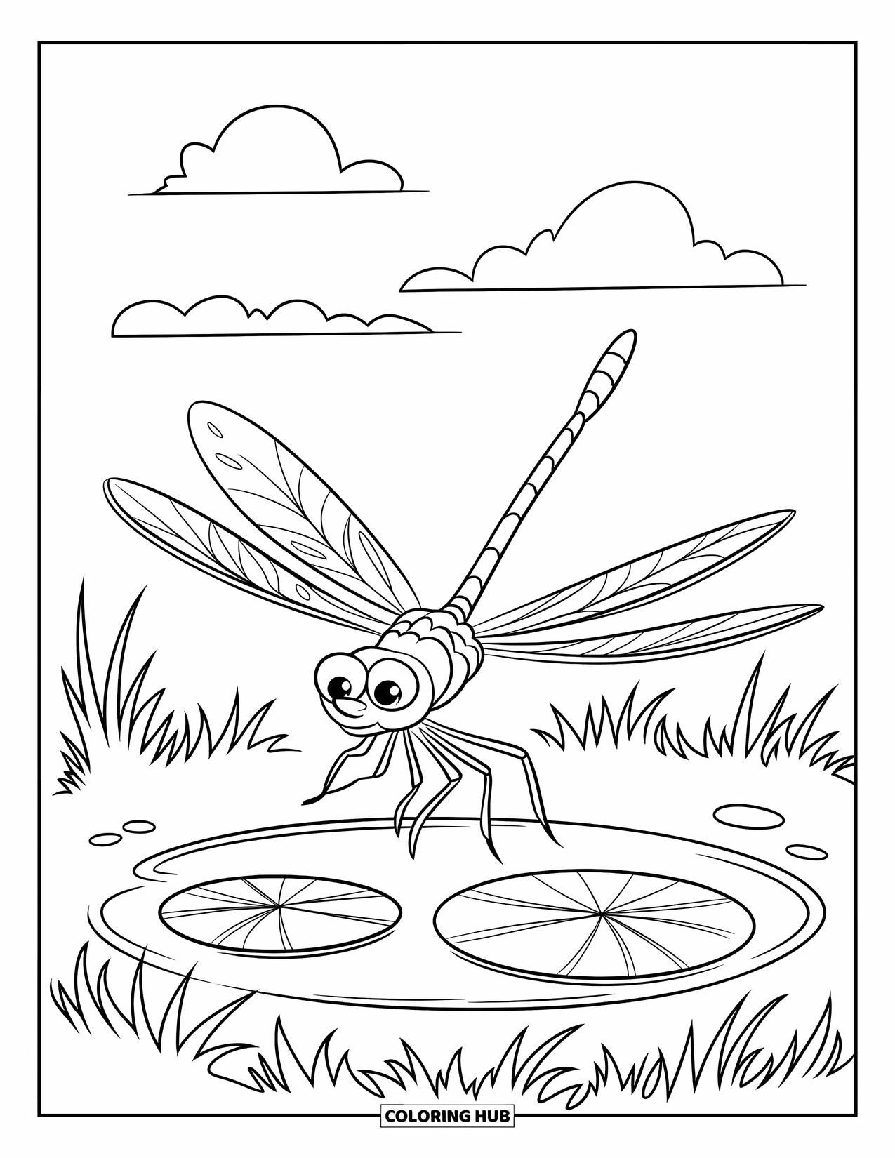 Insects Coloring Page for Kids: Dragonfly with long legs flies over a quiet pond and soft clouds