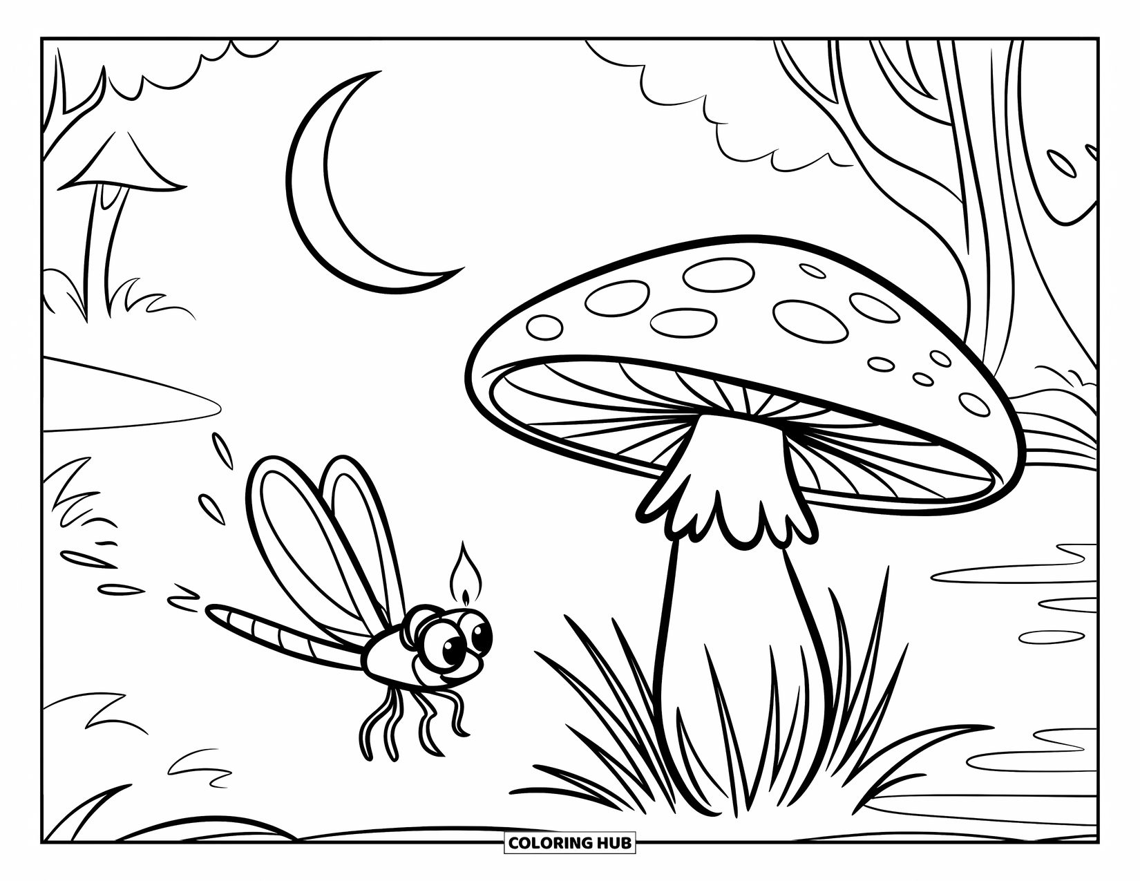Insects Coloring Page for Kids: Firefly glows near a bumpy mushroom and a quiet forest path