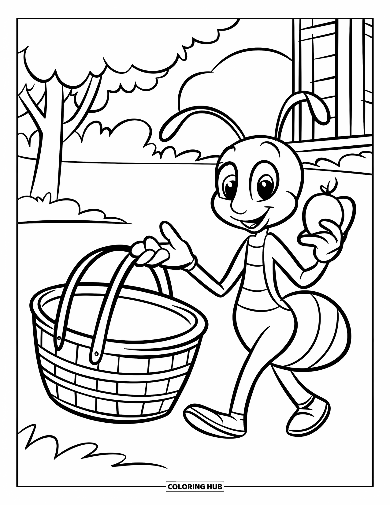 Insects Coloring Page for Kids: Happy ant carries fruit near trees and a small building