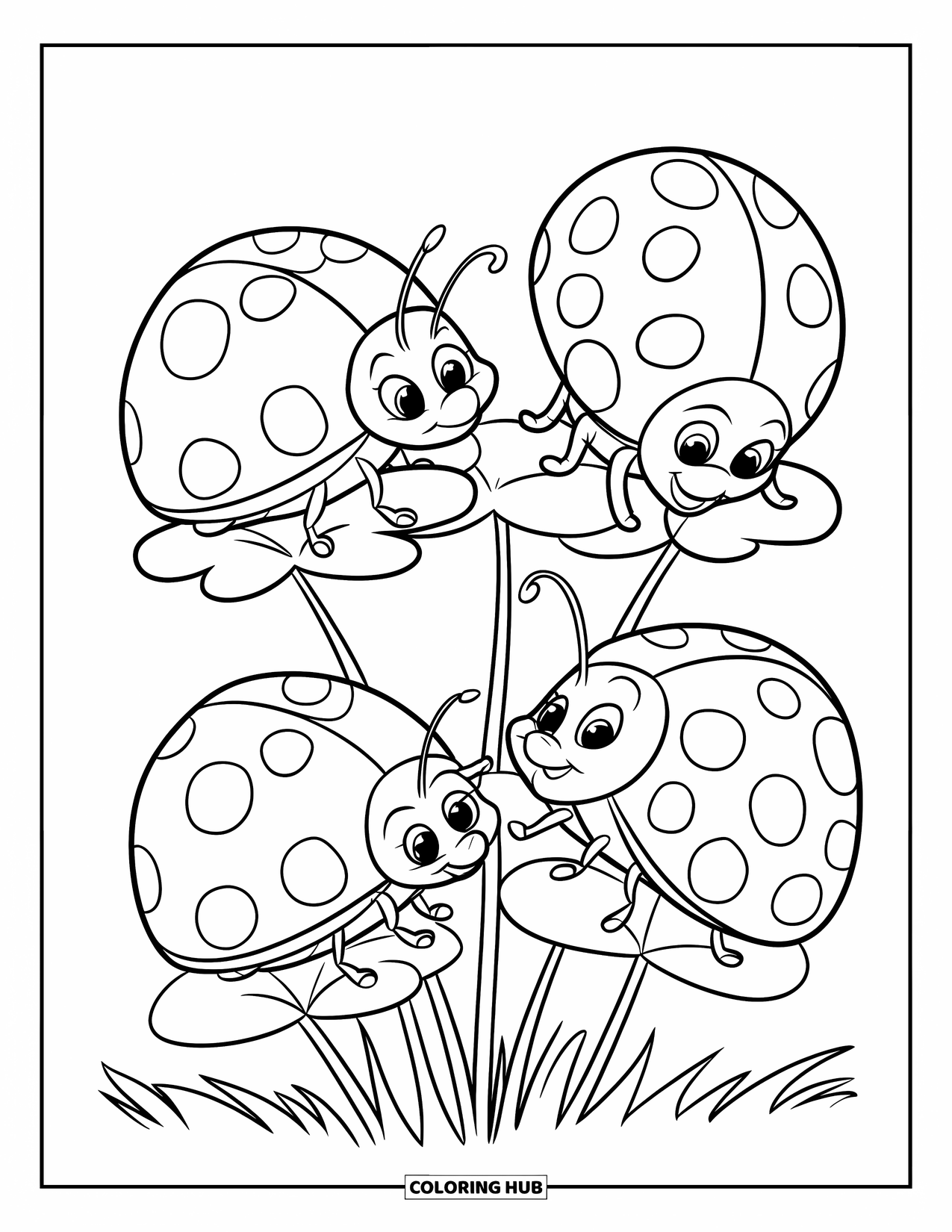 Insects Coloring Page for Kids: Ladybugs with different faces climb leafy clover on a white field