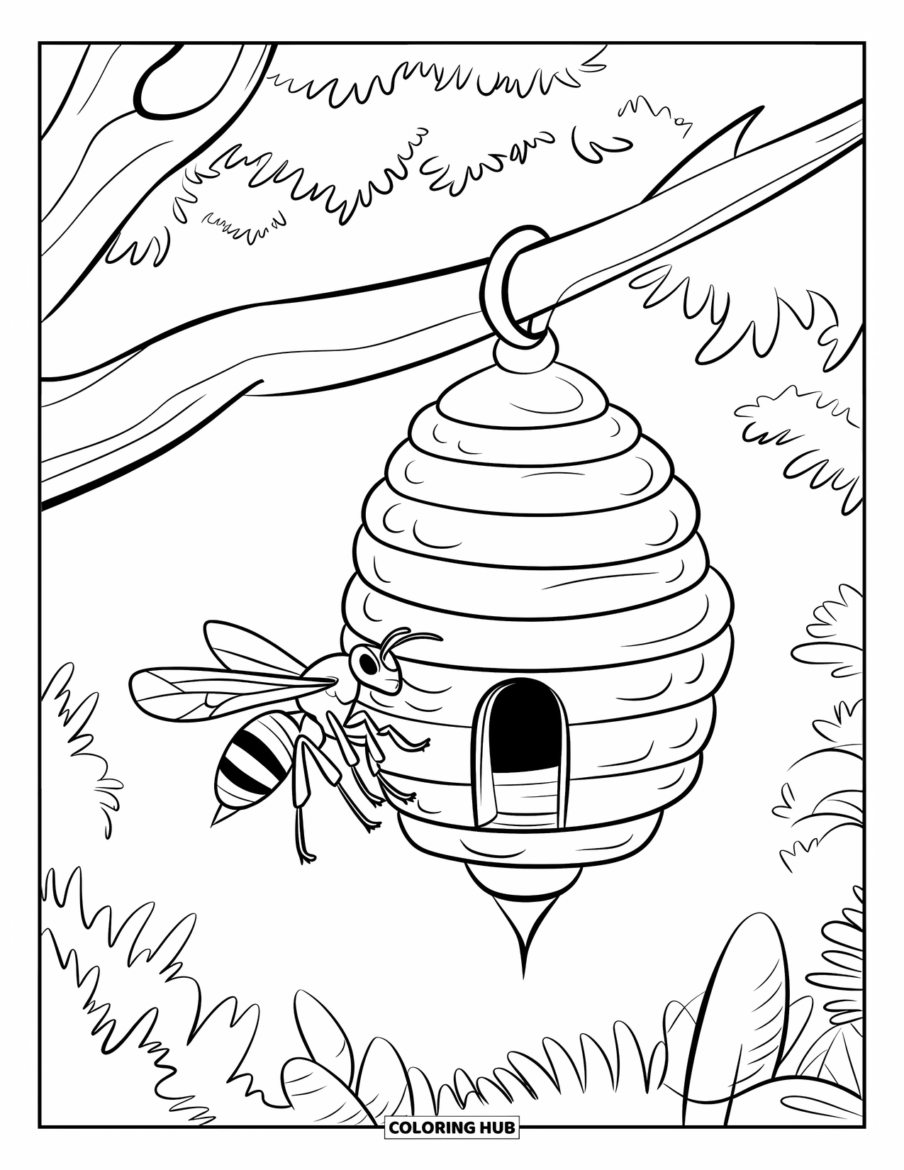 Insects Coloring Page for Kids: Wasp with a stinger flies near its hive in a forest