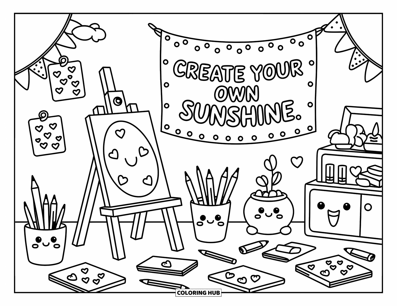Inspirational Coloring Page for Adults: A cheerful art space with pencils, plants, and a sunshine banner feels warm and inspiring