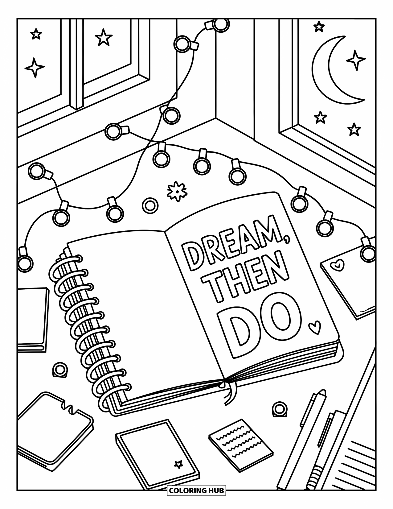 Inspirational Coloring Page for Adults: A cozy study scene inspires you with "Dream, Then Do"