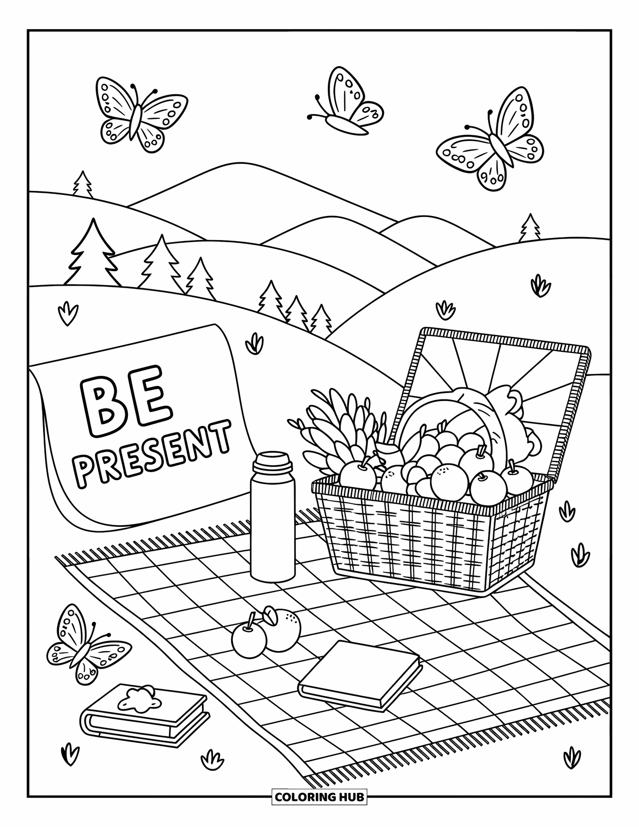 Inspirational Coloring Page for Adults: A peaceful picnic scene gently reminds you to "Be Present"