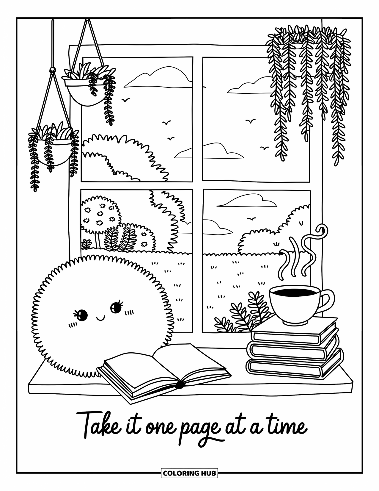 Inspirational Coloring Page for Adults: A warm reading space with plants and tea reminds you to "Take It One Page at a Time"