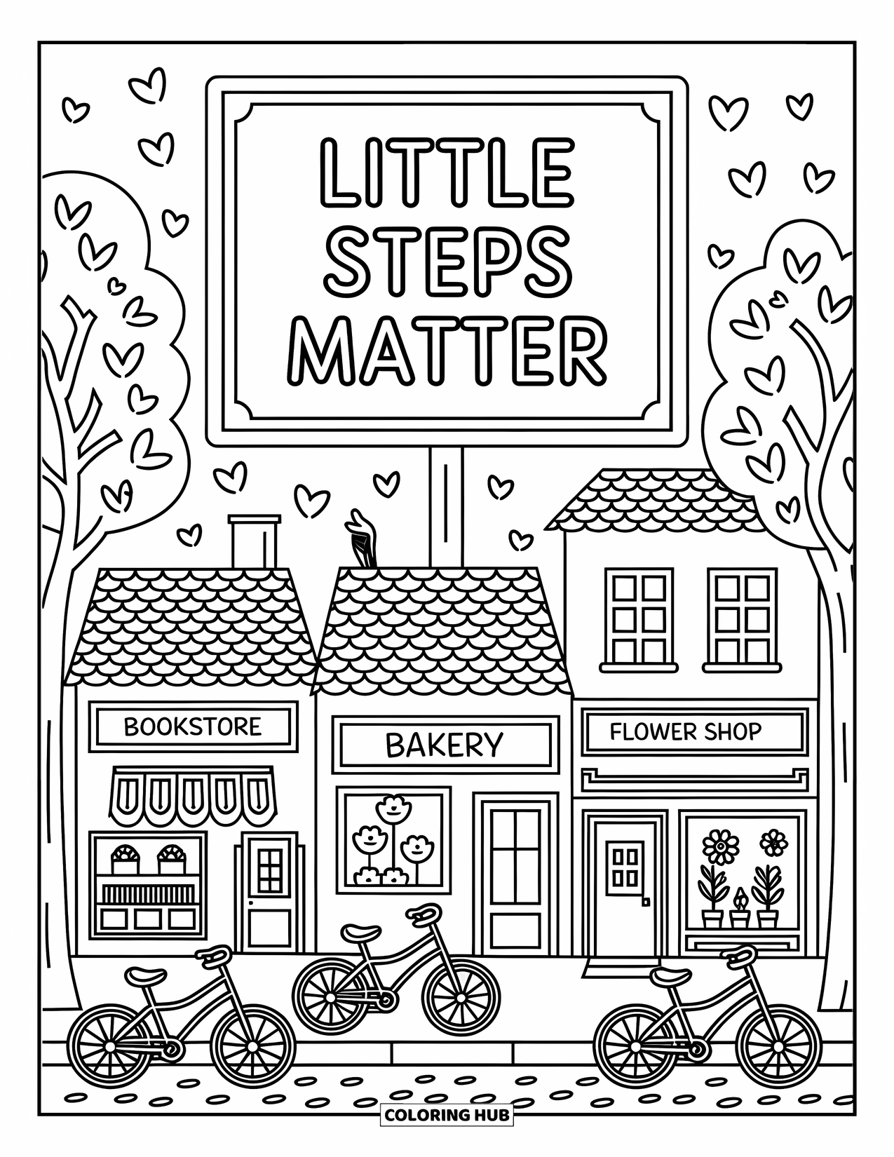 Inspirational Coloring Page for Adults: Birds and shops line a street that whispers "Little Steps Matter"