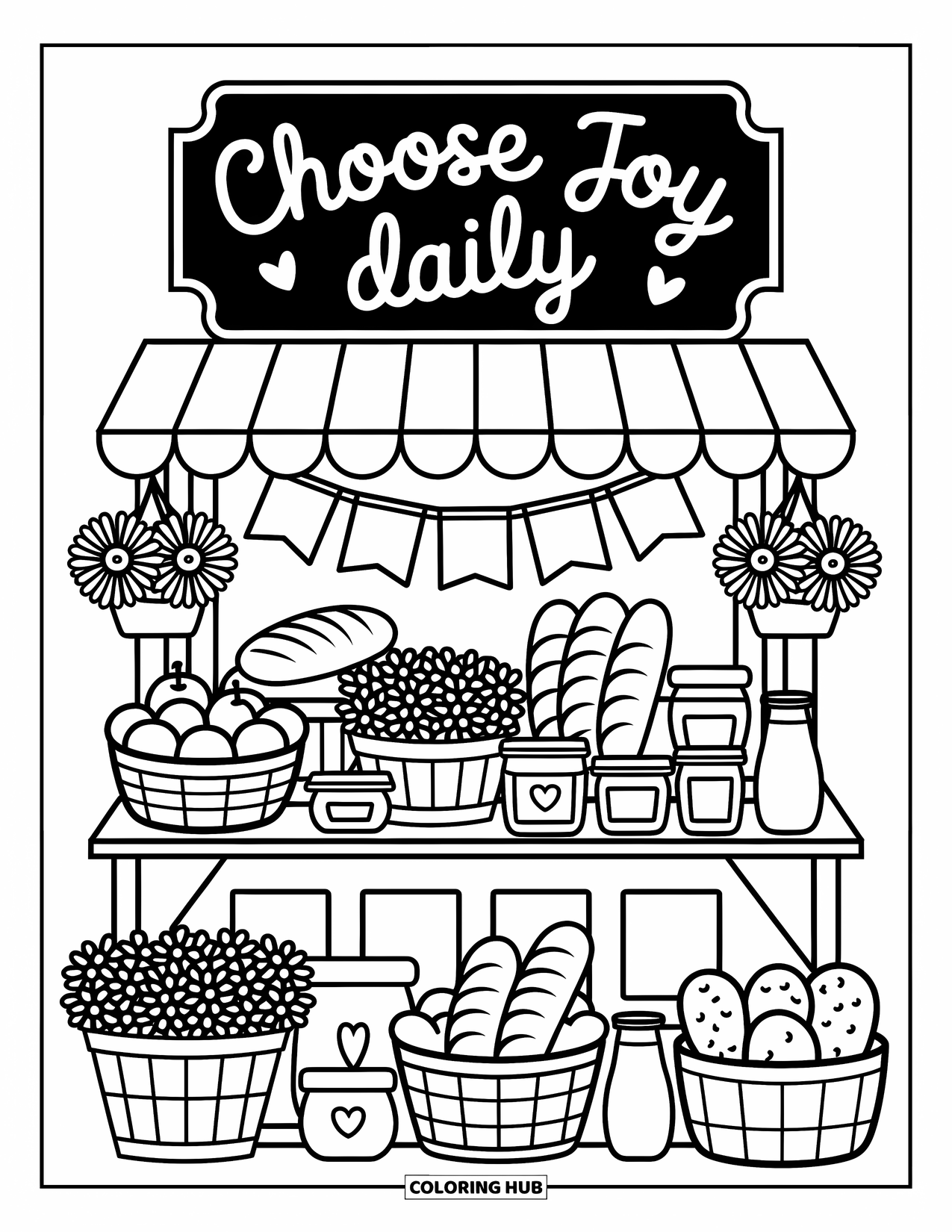 Inspirational Coloring Page for Adults: Fruit and flowers fill a market where "Choose Joy Daily" hangs above