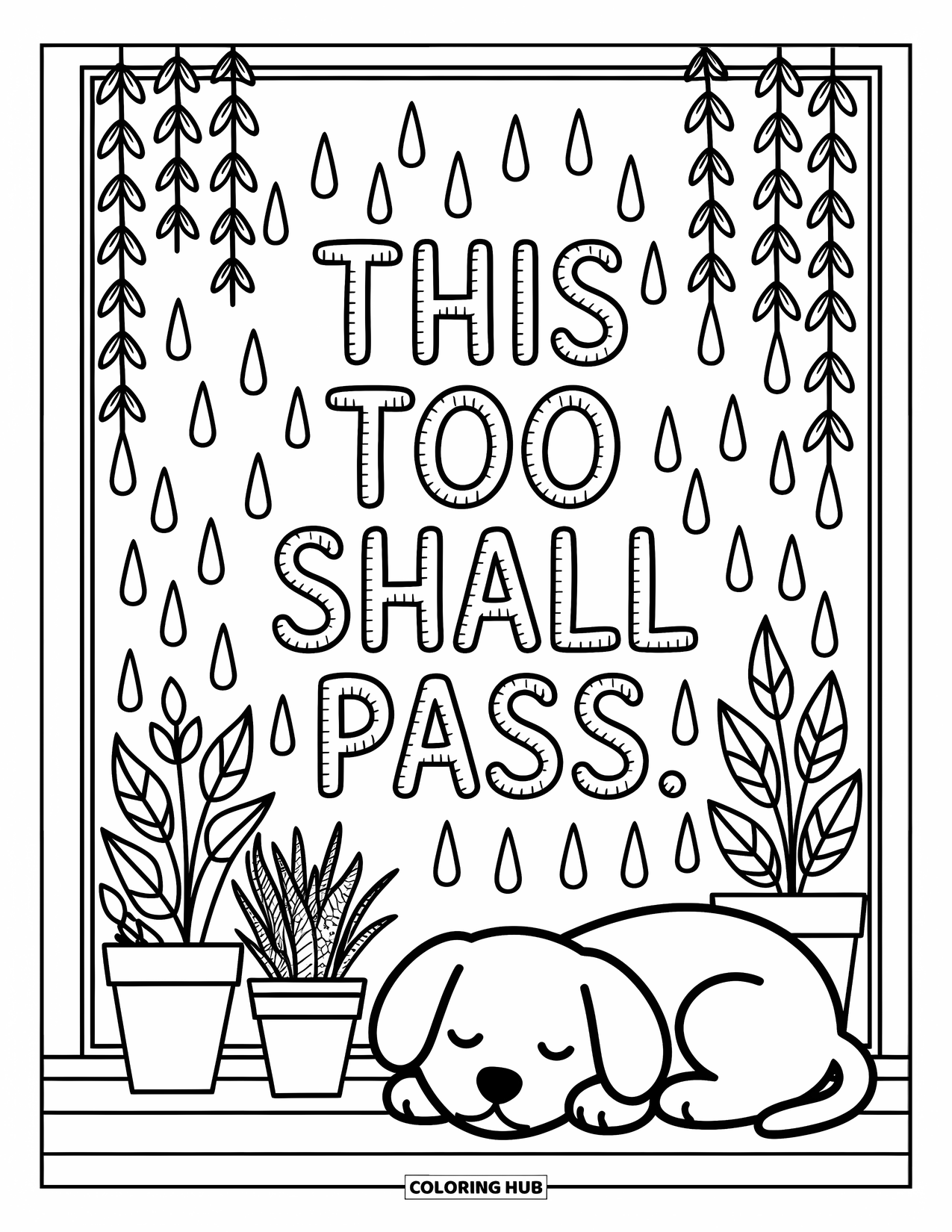 Inspirational Coloring Page for Adults: Rainy windows and soft leaves frame the words "This Too Shall Pass"