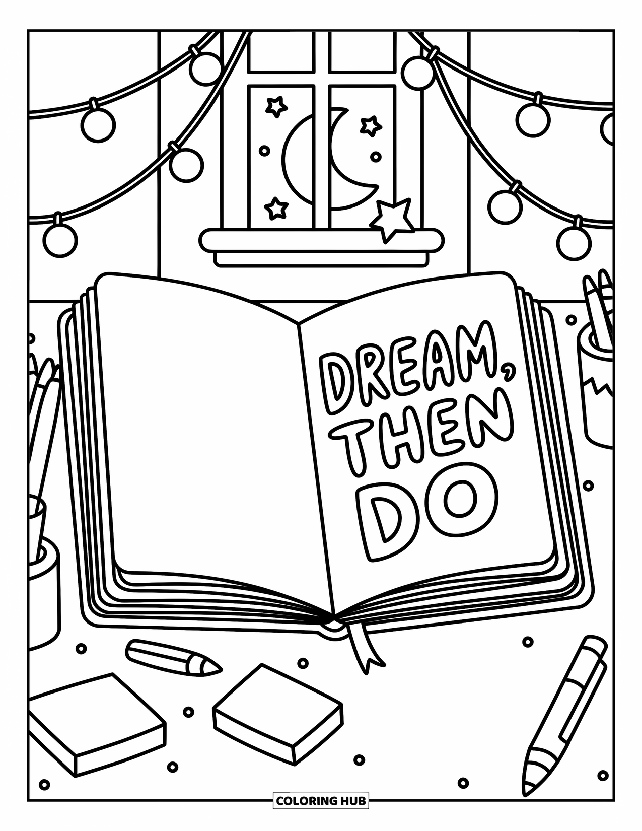 Inspirational Coloring Page for Adults: Sticky notes and twinkling stars surround "Dream, Then Do"