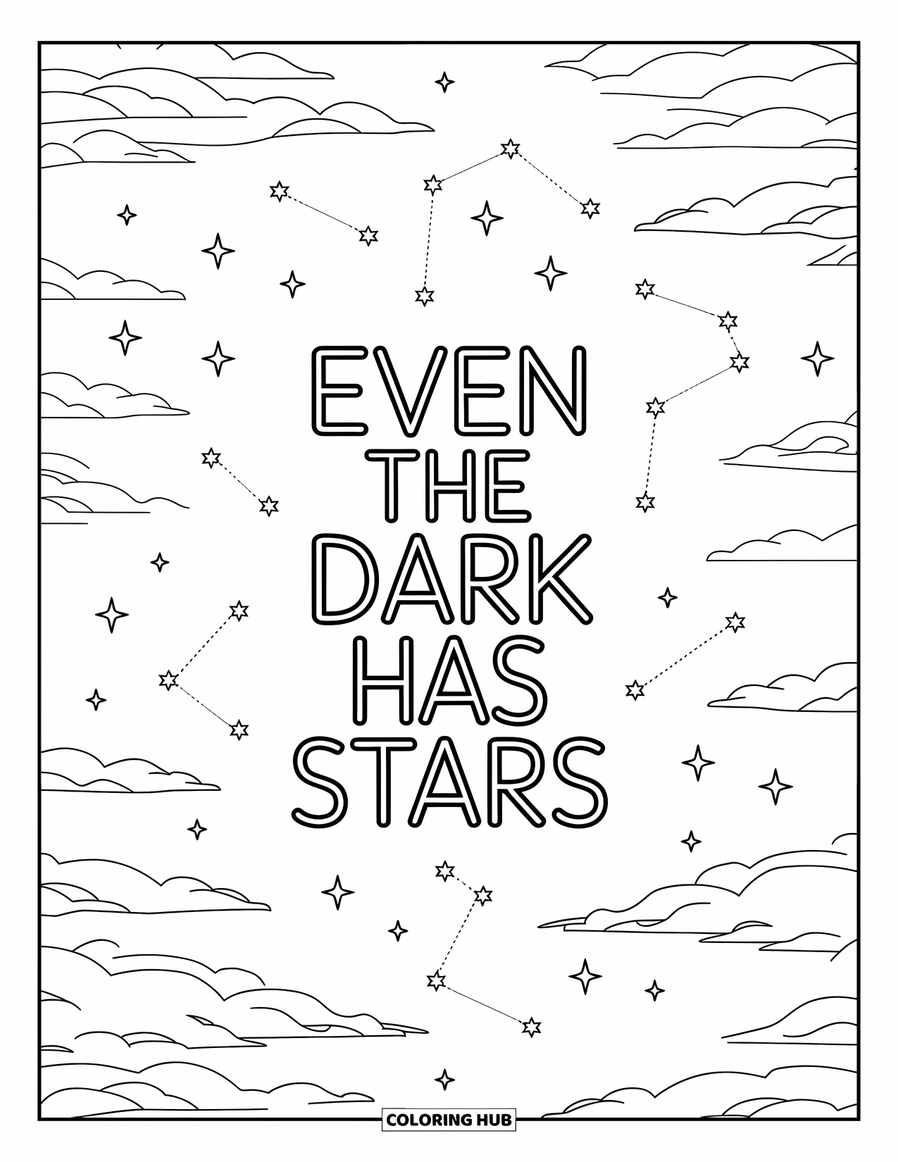 Inspirational Coloring Page for Kids: A poetic night sky holds the message "Even the Dark Has Stars"