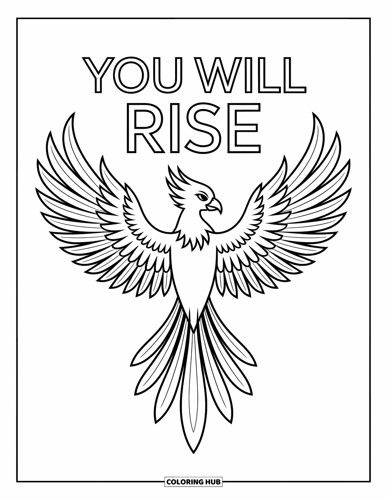 Inspirational Coloring Page for Kids: A powerful phoenix rises beneath "You Will Rise"