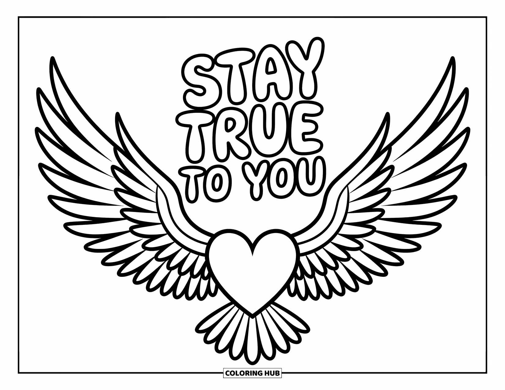 Inspirational Coloring Page for Kids: Delicate lines and feathers frame the phrase "Stay True to You"