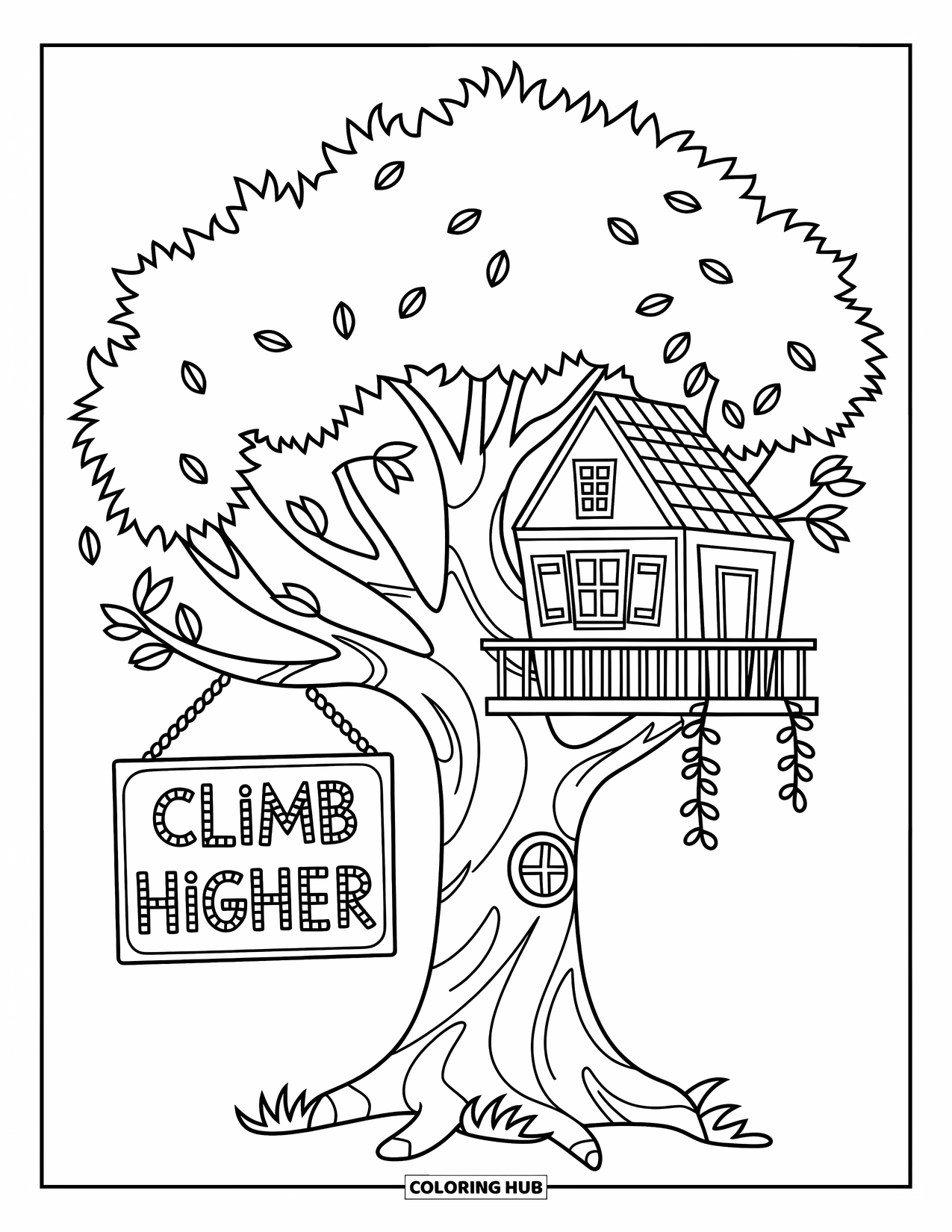 Inspirational Coloring Page for Kids: Leaves and branches frame a treehouse with "Climb Higher"