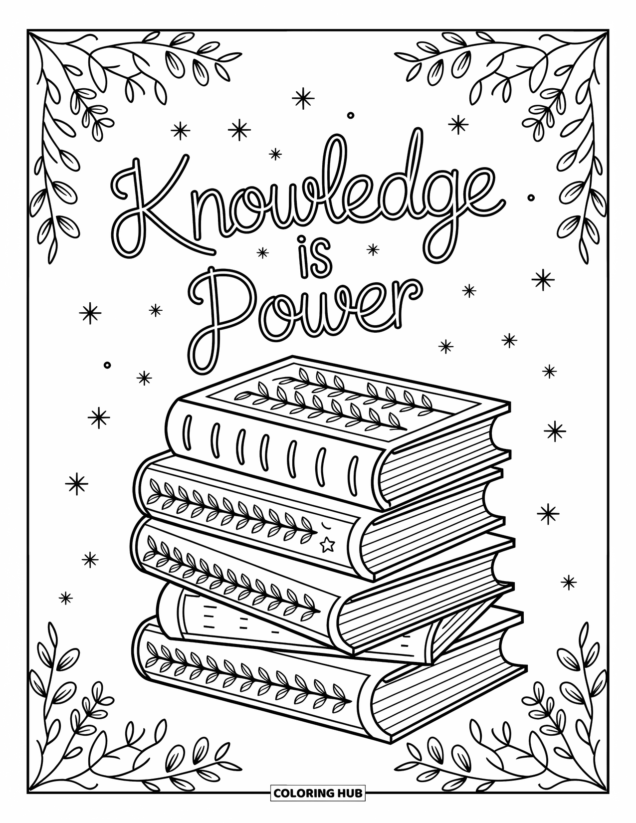 Inspirational Coloring Page for Kids: Magical books and fairy lights frame "Knowledge is Power"
