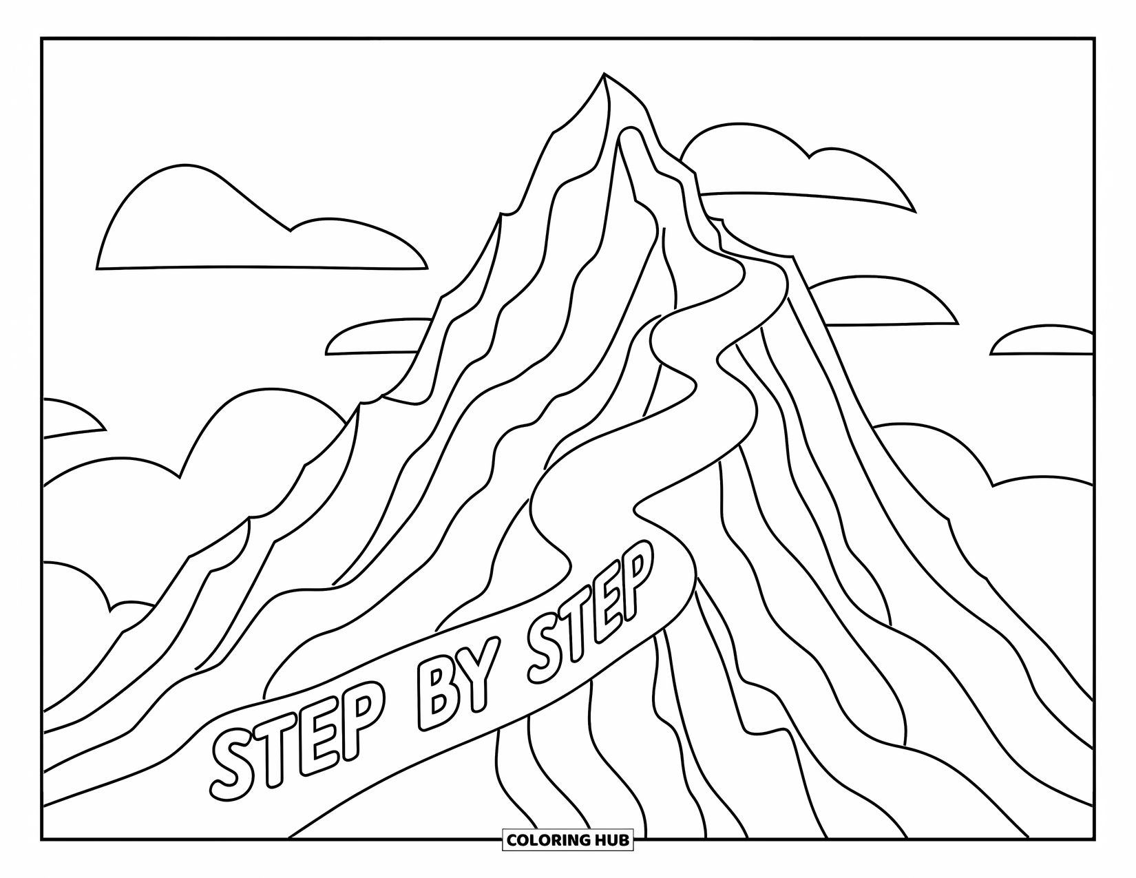 Inspirational Coloring Page for Kids: Mountains and butterflies surround the words "Step by Step"