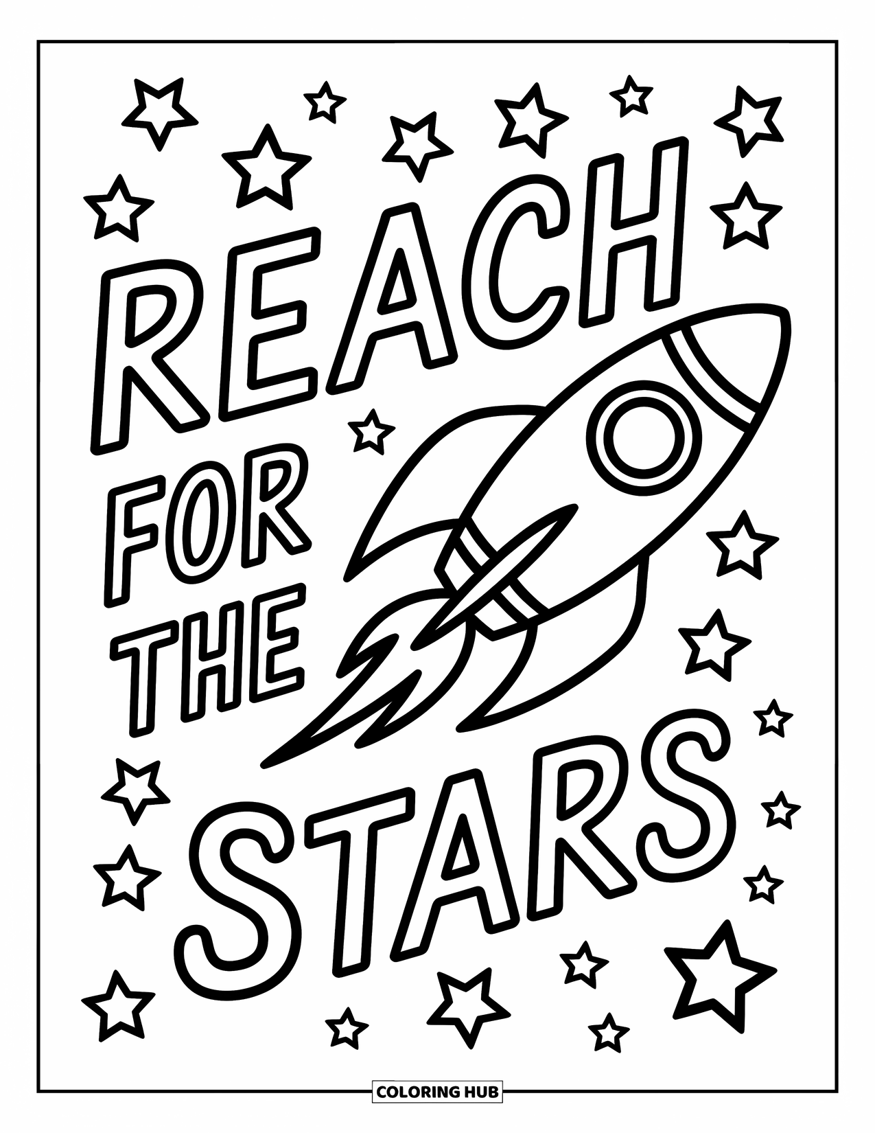 Inspirational Coloring Page for Kids: Playful constellations swirl around a rocket and "Reach for the Stars"