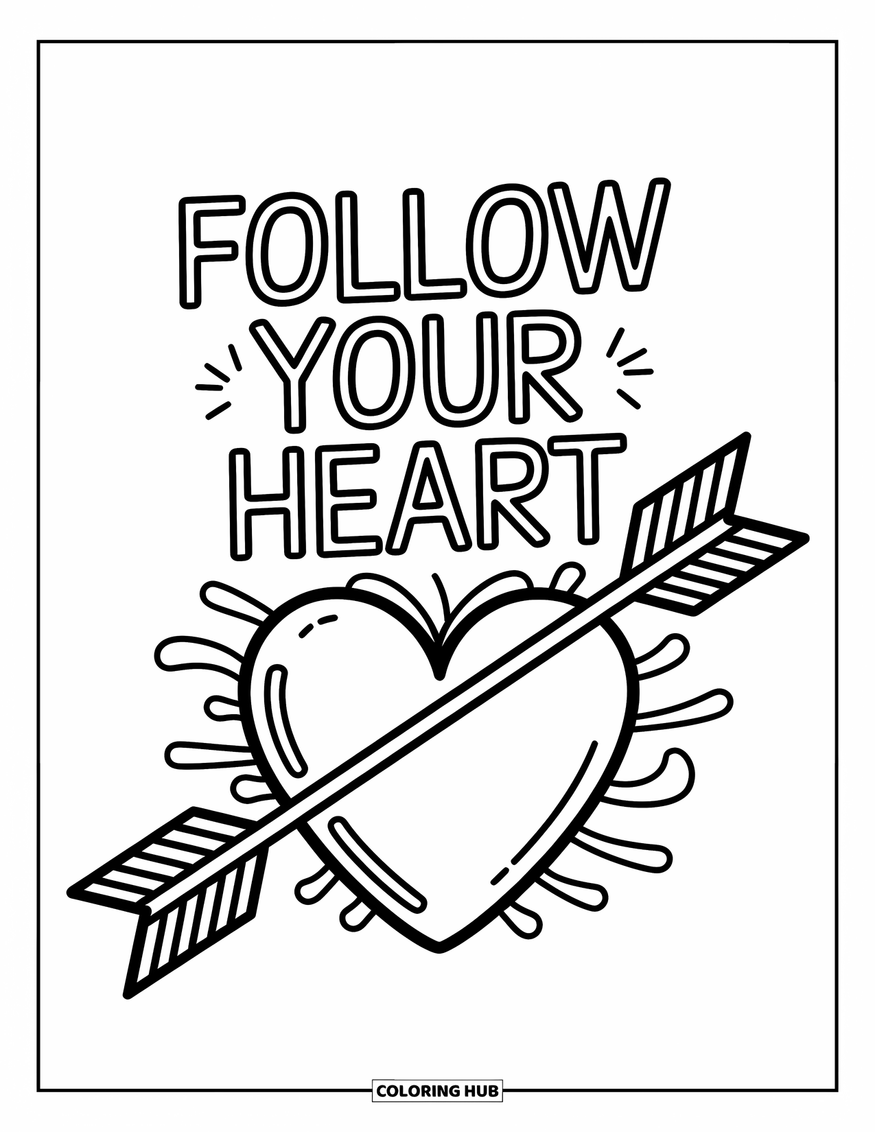 Inspirational Coloring Page for Kids: Swirling lines frame a heart and arrow with "Follow Your Heart" above