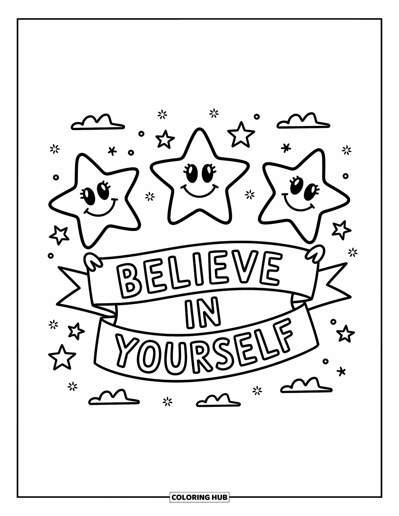 Inspirational Coloring Page for Kids: Twinkling stars cheerfully display "Believe in Yourself"