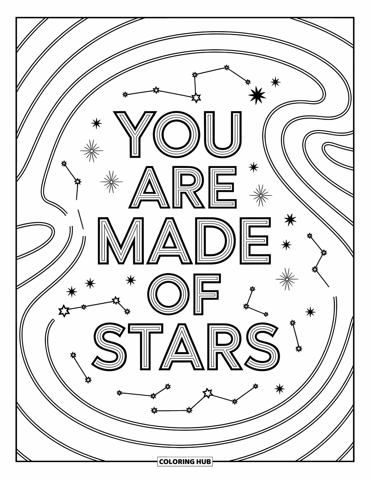 Inspirational Coloring Page for Kids: Twinkling stars dance beside "You Are Made of Stars"