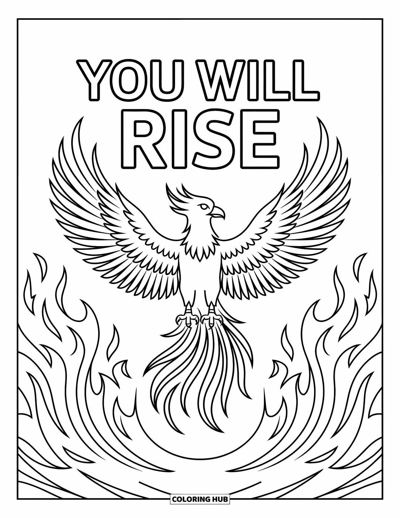 Inspirational Coloring Page for Kids: "You Will Rise" crowns a rising phoenix in bold lines