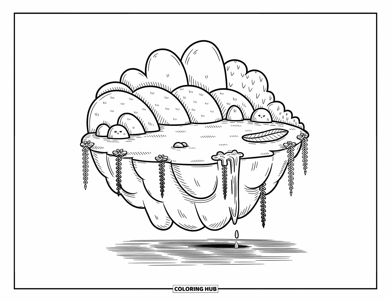 Island Coloring Page for Adults: Floating island with cliff vines, gentle hills, and a soft water stream