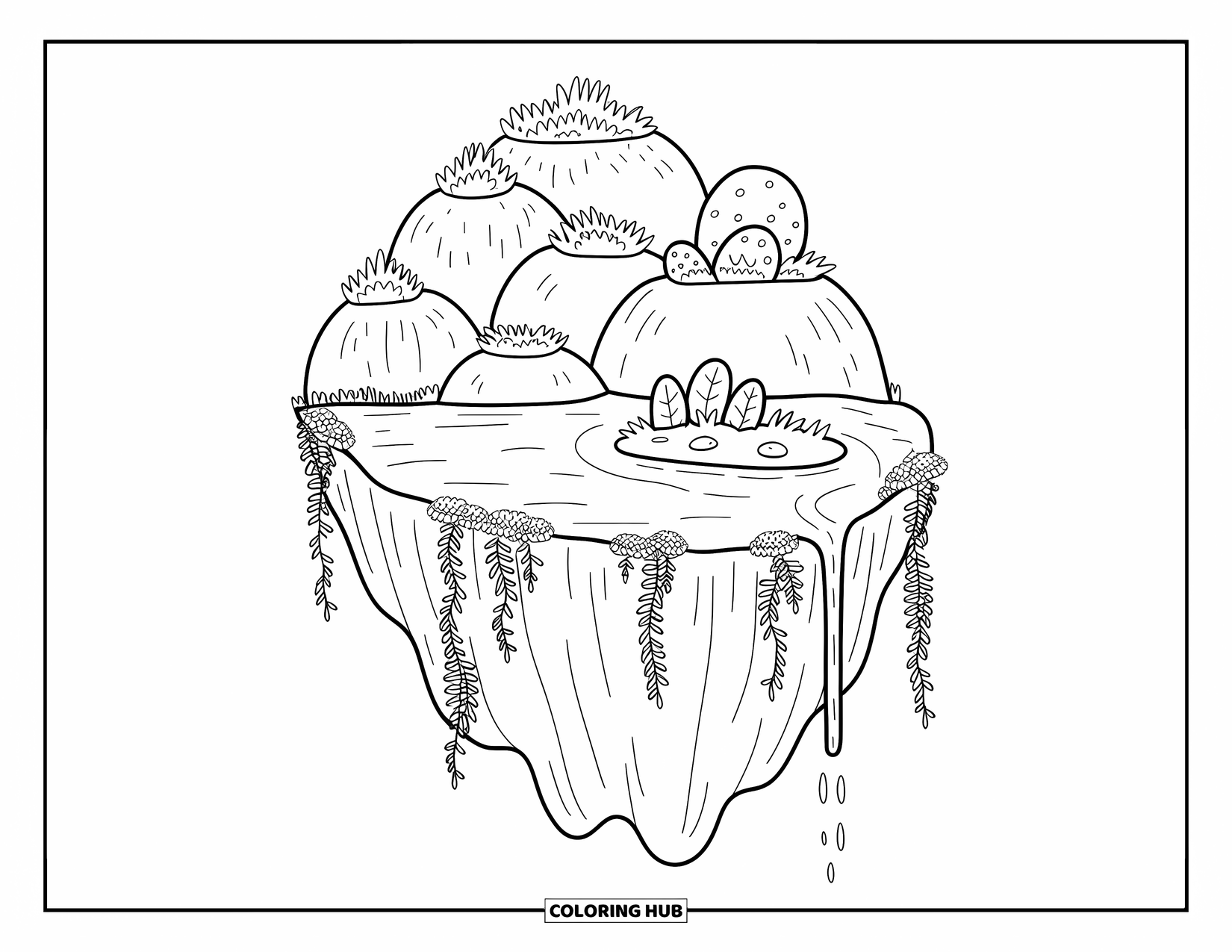 Island Coloring Page for Adults: Floating island with leaf-shaped grass, draping vines, and trickling water